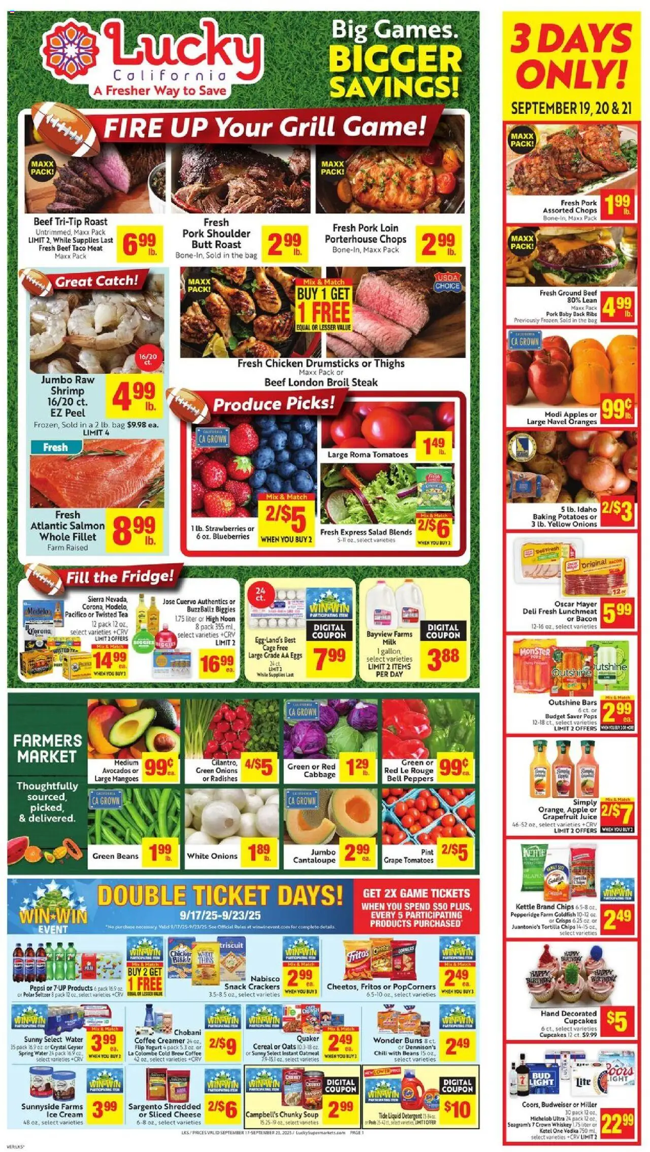 Lucky Supermarkets Weekly Ad from 09/17/2025 - Flyer - Page number 1 - Apples, Ice cream, Steak, Shrimp, Juice, Vodka, Bag, Detergent