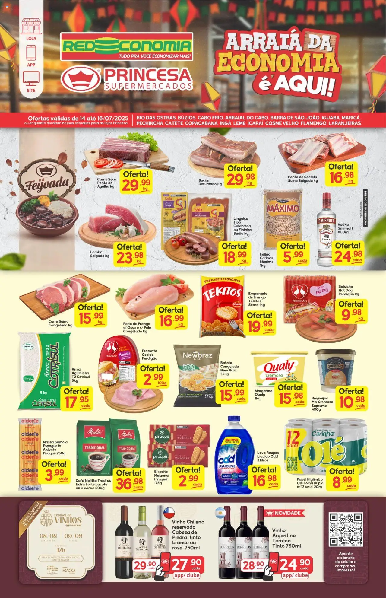 Princesa folheto "Encarte Arraiá" válido a partir de 14/07/2025 - número de página 1 - Espaguete, Feijão, Celular, Lombo, Vinho, Batata, Bacon, Cabo