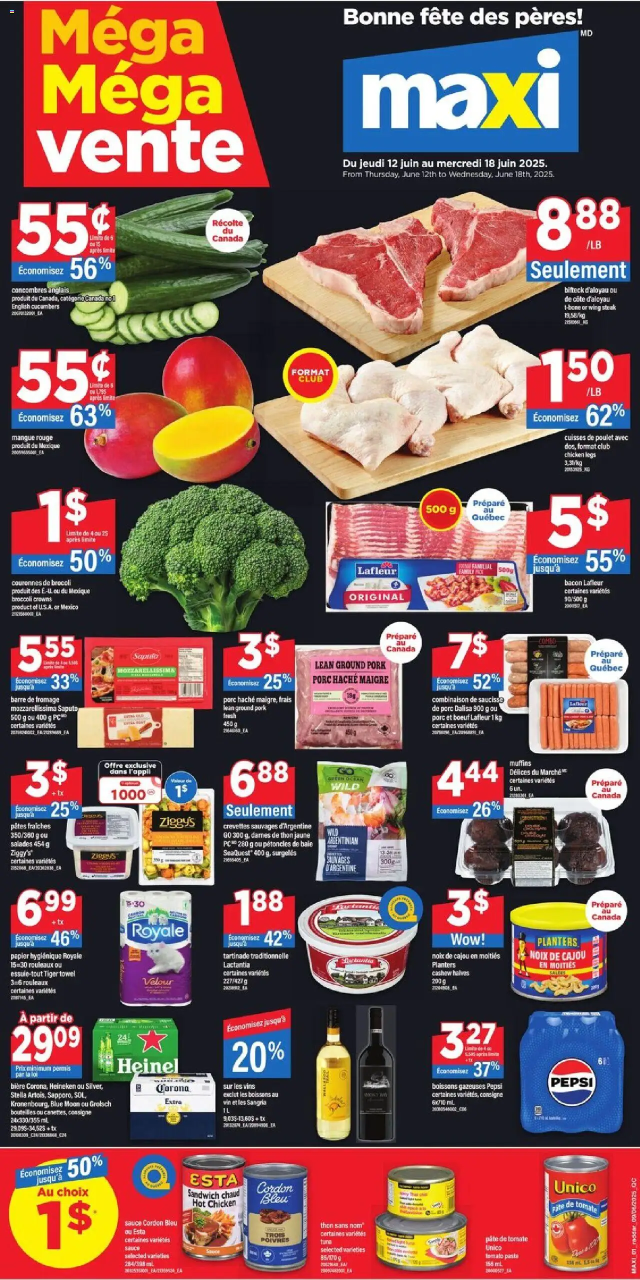 Maxi flyer valid from Jun 12, 2025 - page number 1 - Cucumbers, Tomato, Pâté, Pepsi, Muffins, Heineken, Steak, Chicken