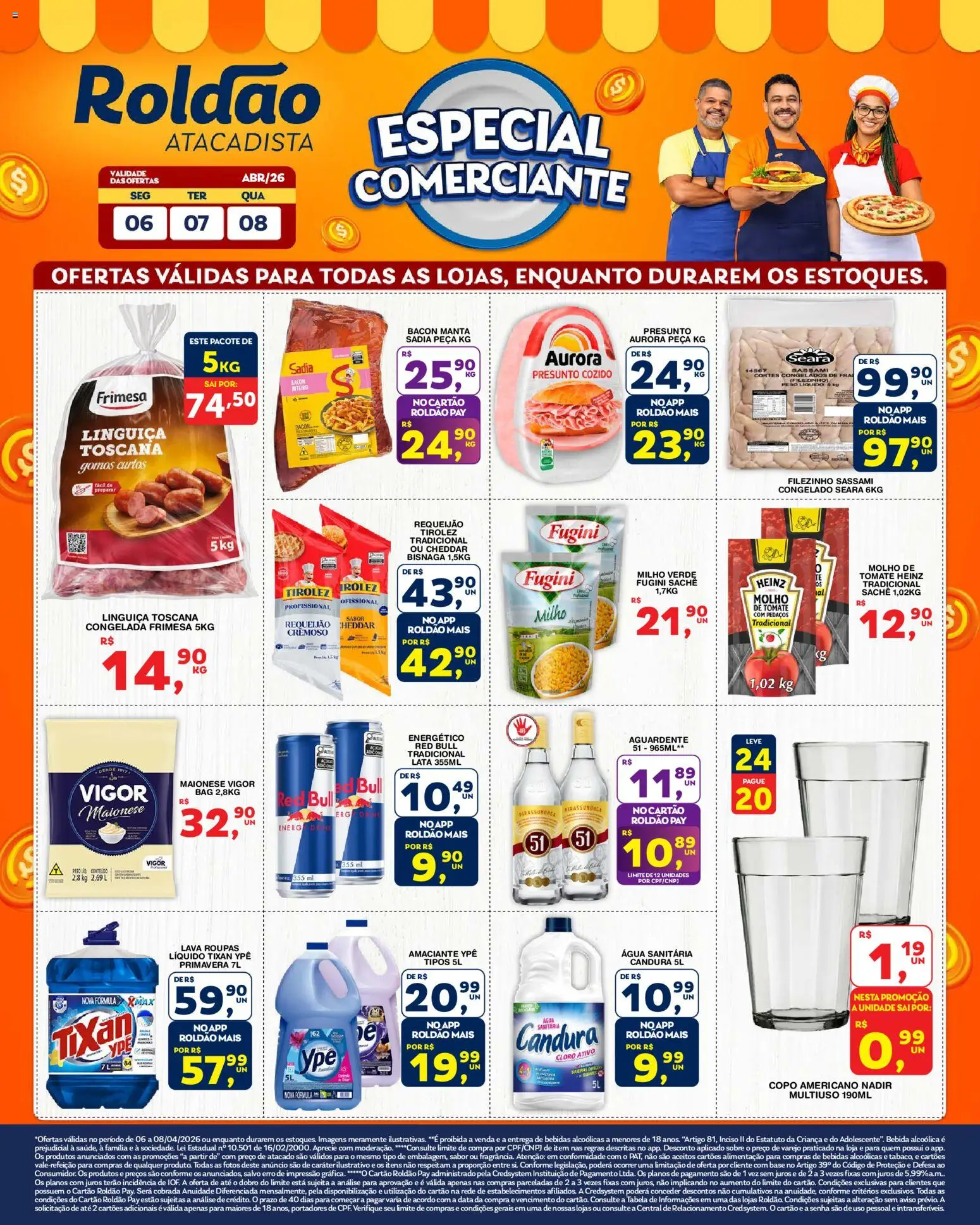 Pré-Visualização do folheto "Roldão ofertas Segunda Comerciante" da loja Roldão válido a partir de 06/04/2026 - Água, Bebida, Tomate, Milho, Bacon, Linguiça, Presunto, Água sanitária