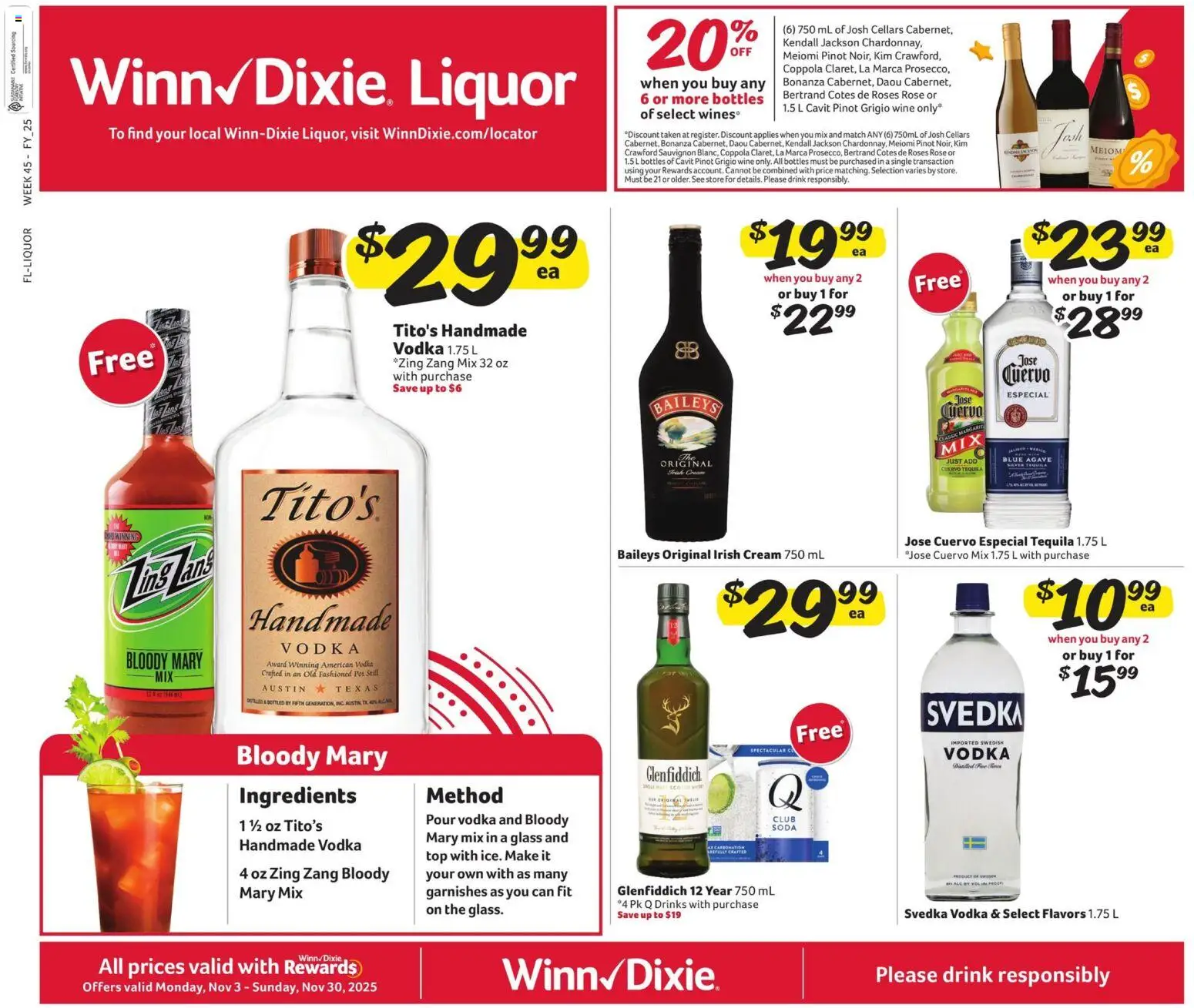 Ad Preview of Winn Dixie Alcohol Flyer from 11/03/2025 - UPS, Tequila, Wine, Agave, Vodka, Baileys, Cream, Glenfiddich 12