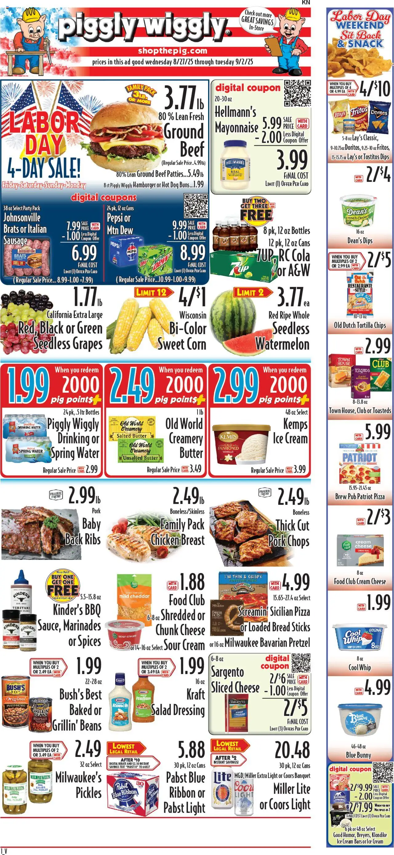 Piggly Wiggly Weekly Ad from 08/27/2025 - Flyer - Page number 1 - Ice cream, Steak, Pickles, Sausage, Ground beef, Dill, Tortilla chips, Sliced cheese