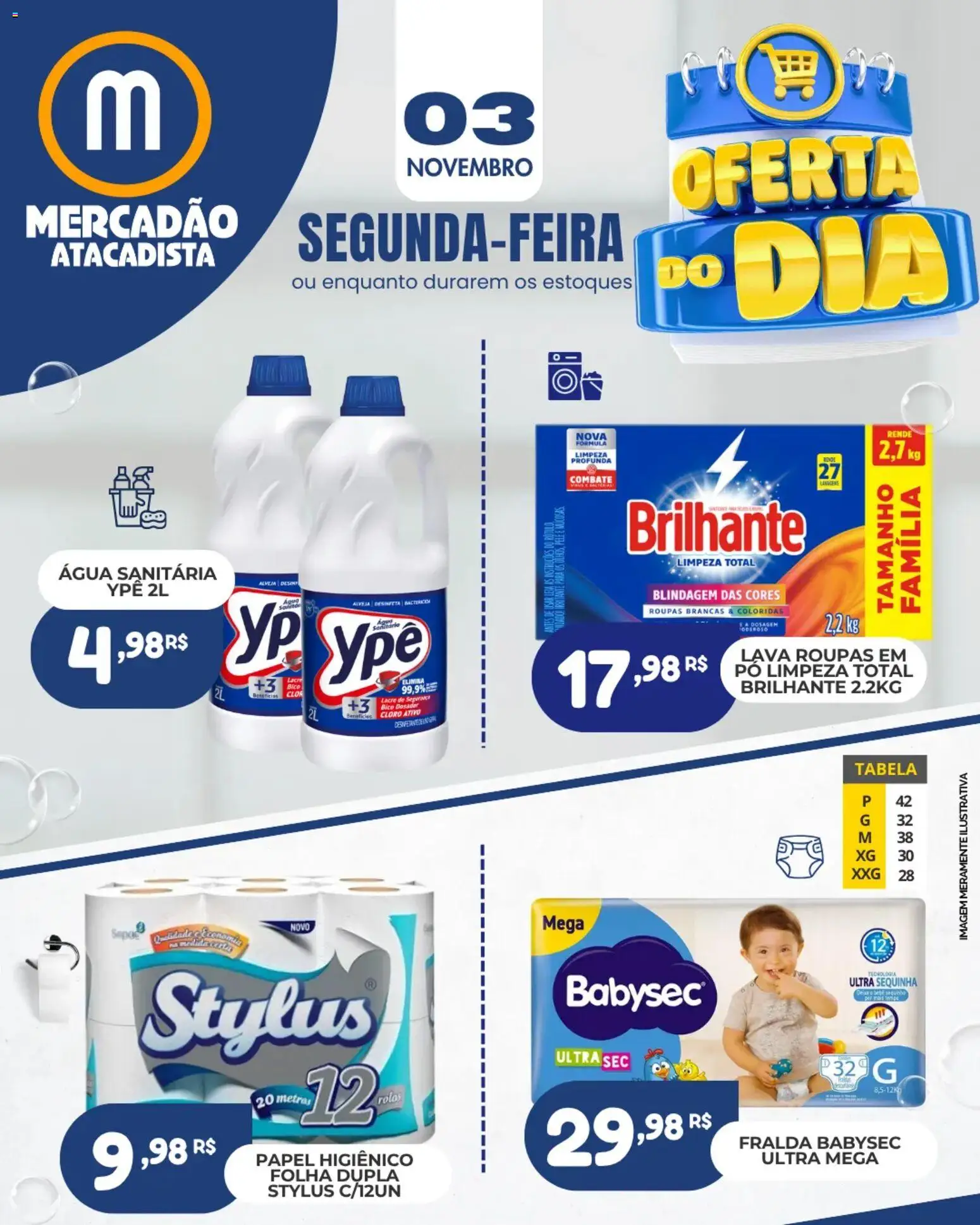 Pré-Visualização do folheto "Ofertas do Dia" da loja Mercadão Atacadista válido a partir de 03/11/2025 - Água, Roupas, Papel higiênico, Pó, Água sanitária, Cloro