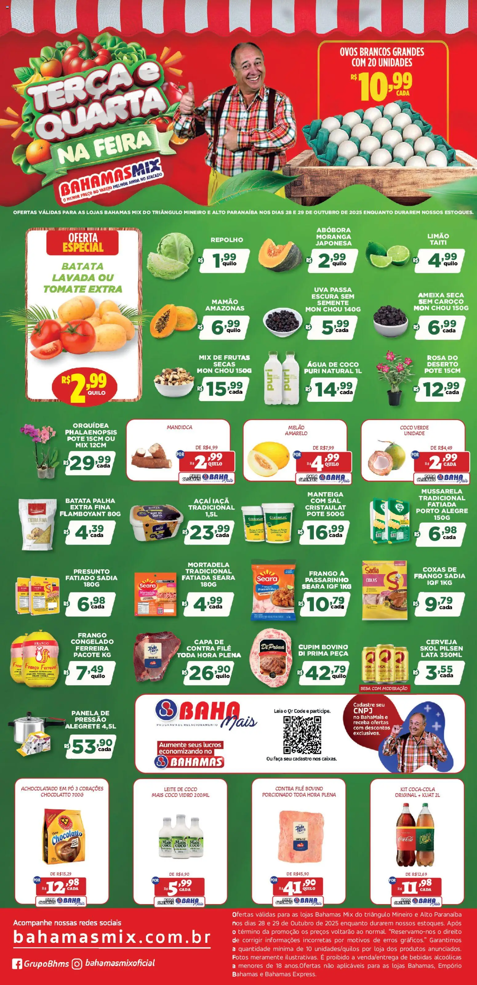 Pré-Visualização do folheto "Ofertas Terça e Quarta na Feira" da loja Bahamas Mix válido a partir de 28/10/2025 - Cerveja, Abóbora, Mussarela, Manteiga, Panela, Repolho, Presunto, Mamão