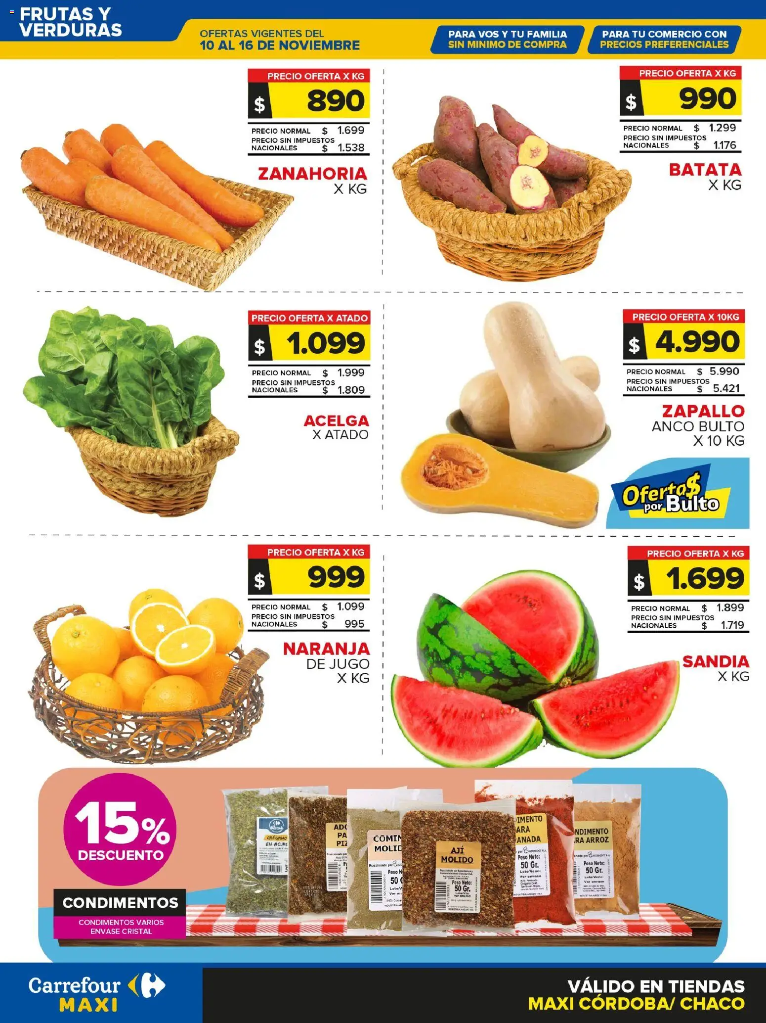 Vista previa del folleto de la tienda Carrefour válido desde el 10/11/2025 - Peso, Verduras, Arroz, Batata, Zanahoria, Acelga, Jugo, Orégano