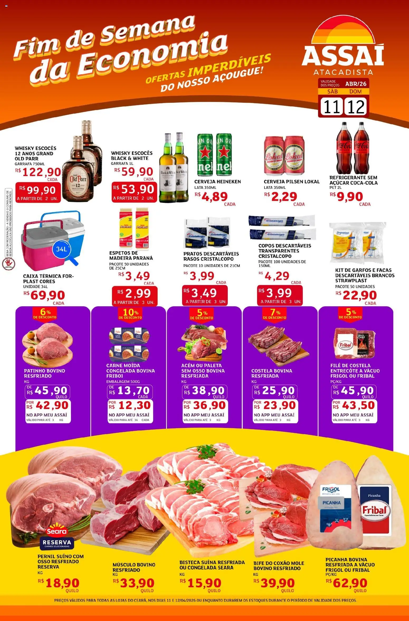 Pré-Visualização do folheto "Assaí Atacadista ofertas - CE" da loja Assaí Atacadista válido a partir de 11/04/2026 - Caixa, Cerveja, Picanha, Carne, Pernil suíno, Copos descartáveis, Coxão mole, Faca