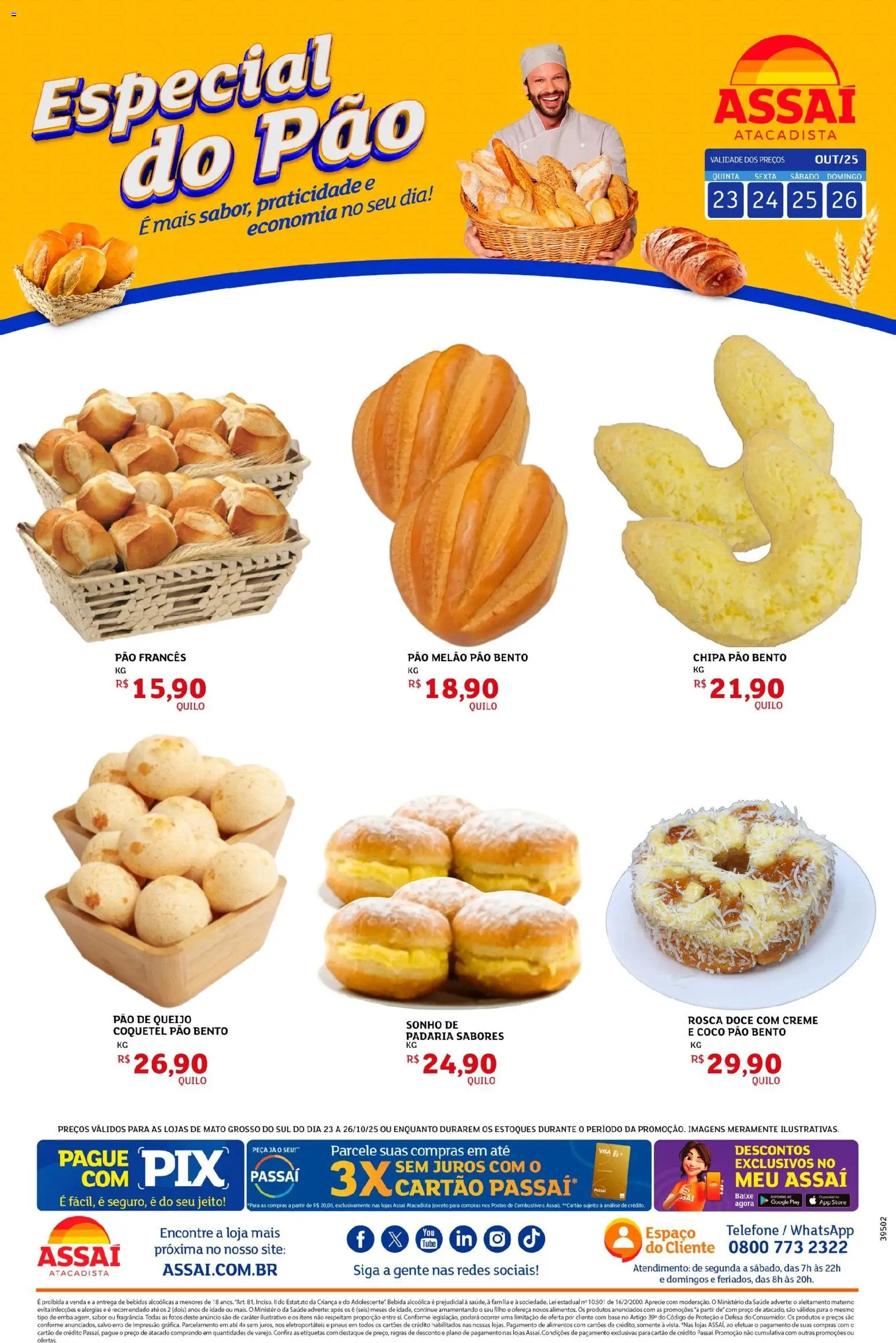 Assaí Atacadista folheto "Encarte - MS" válido a partir de 23/10/2025 - número de página 1 - Telefone, Sonho, Bebidas, Pneus, Base, Queijo, Doce, Pão francês