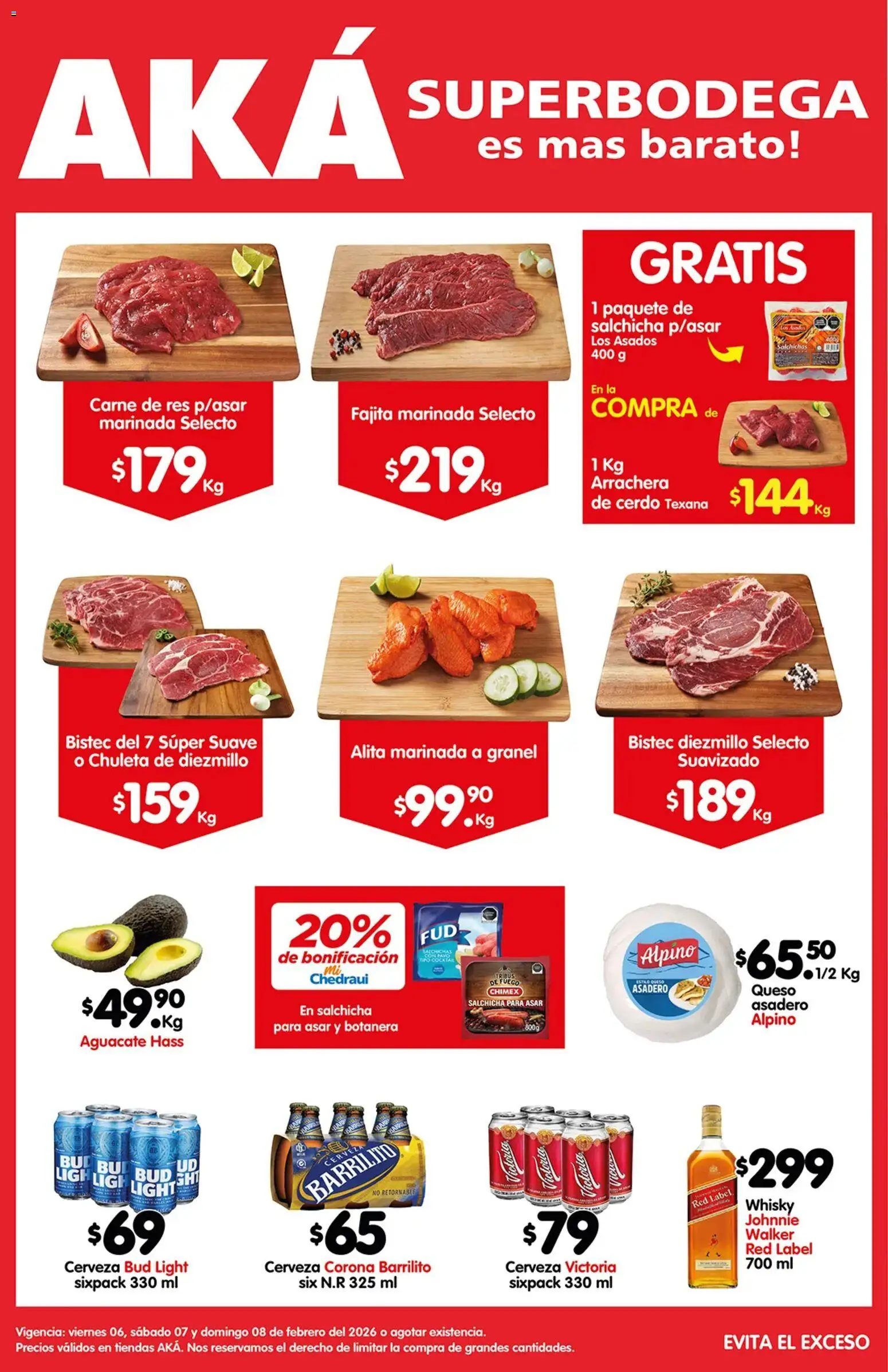 Vista previa las ofertas de la tienda Arteli - Folleto Carnita Asada Aká Superbodegas desde el 06/02/2026 - Whisky, Aguacate, Queso, Cerdo, Salchicha, Res, Carne de res, Salchichas