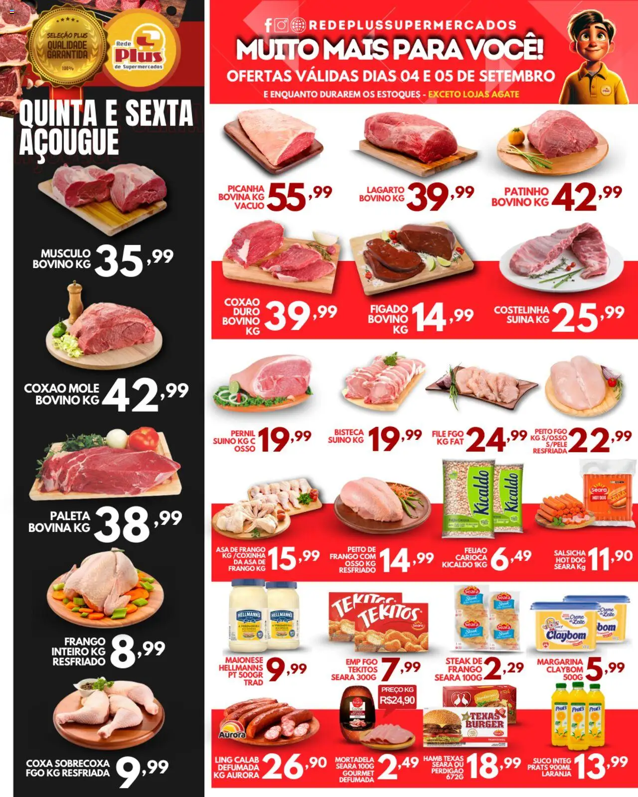 Rede Plus Supermercados folheto "Ofertas Quinta e Sexta Açougue" válido a partir de 04/09/2025 - número de página 1 - Picanha, Frango, Suco, Fígado, Peito de frango, Mortadela, Pernil, Coxão mole