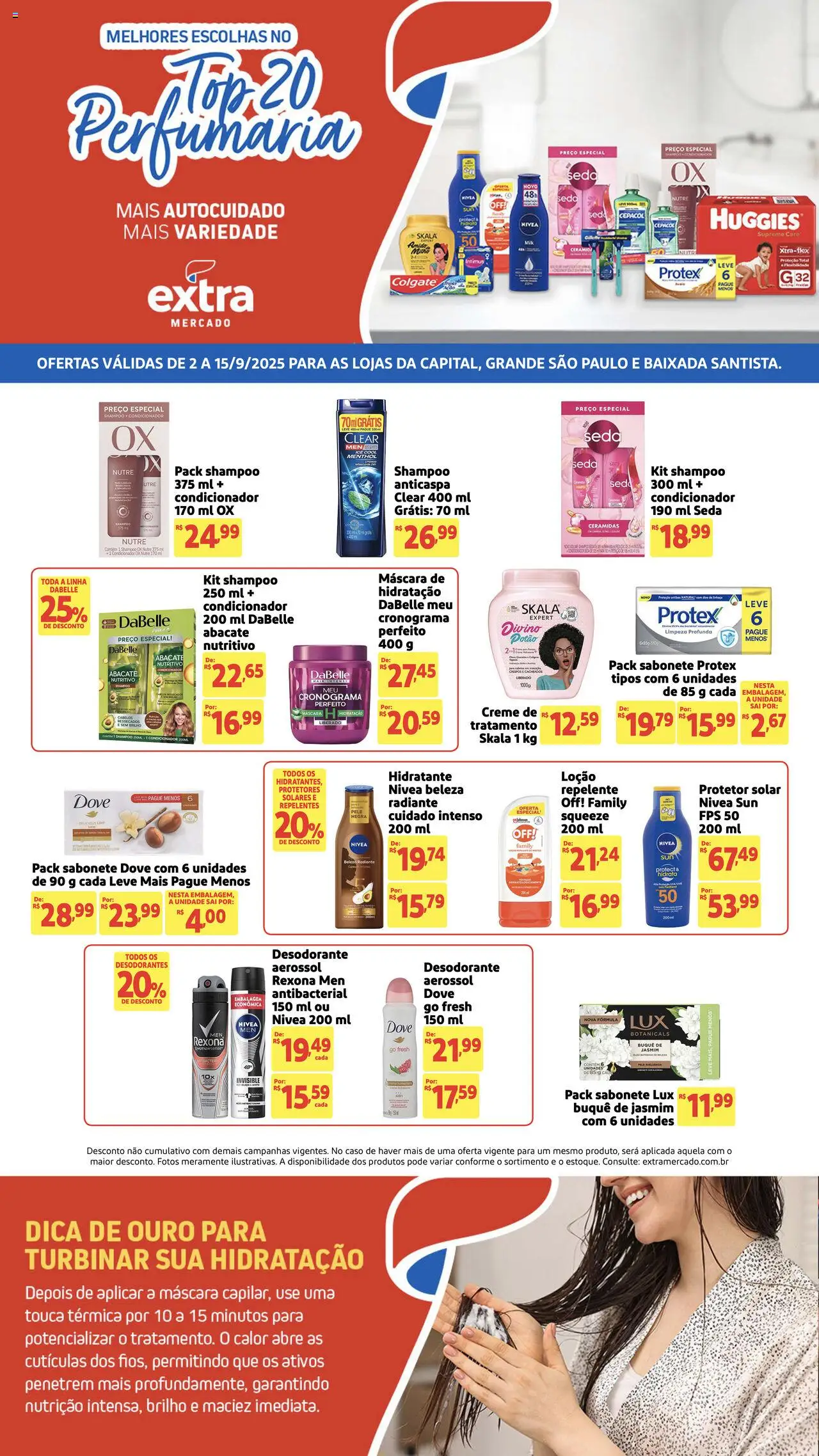 Extra folheto "Ofertas de Mercado Perfumaria" válido a partir de 02/09/2025 - número de página 1 - Protetor solar, Sabonete, Abacate, Repelente, Rexona, Dove, Touca, Condicionador