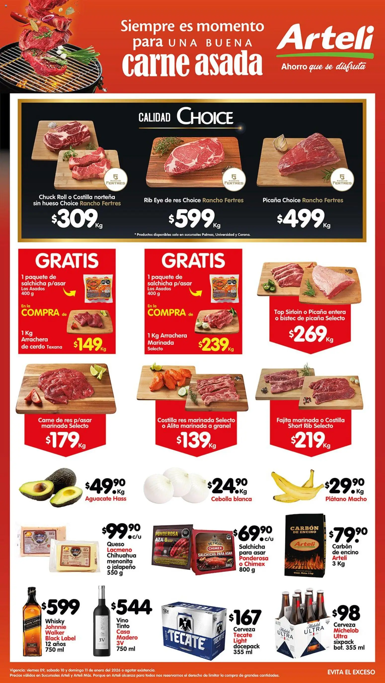 Vista previa las ofertas de la tienda Arteli - Folleto Carnes Suc. Valles desde el 09/01/2026 - Whisky, Cerveza, Plátano, Short, Carne, Bistec, Salchicha, Carne de res