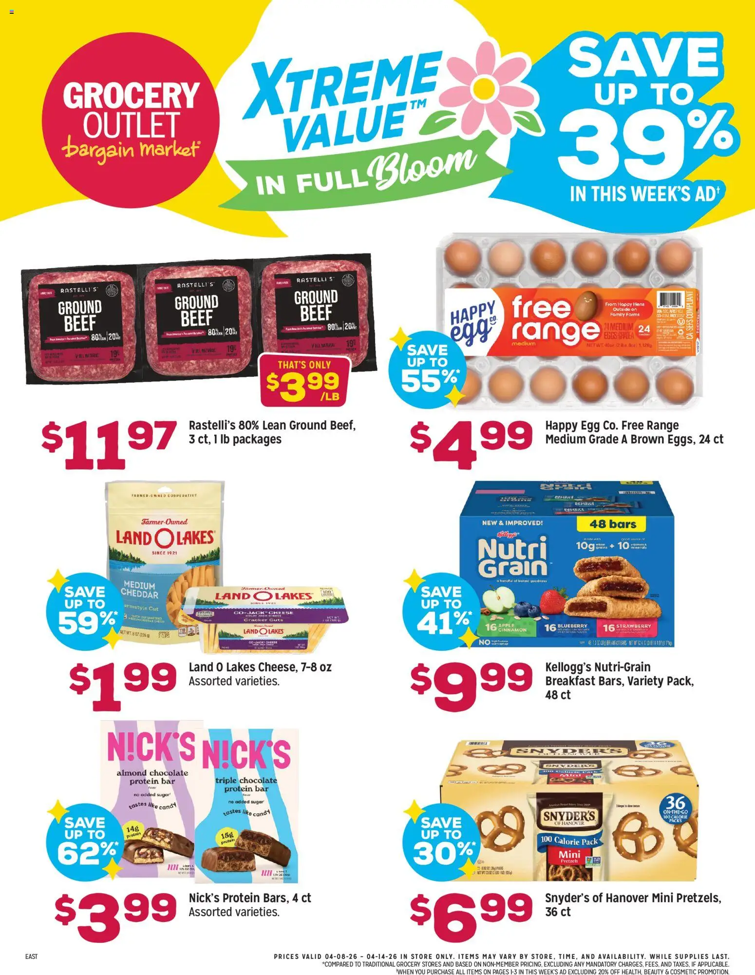 Ad Preview of Grocery Outlet Grocery Outlet Weekly Ad from 04/08/2026 - Chocolate, Cheese, Protein, Sugar, Beef, Protein bar, Ground beef, Grains