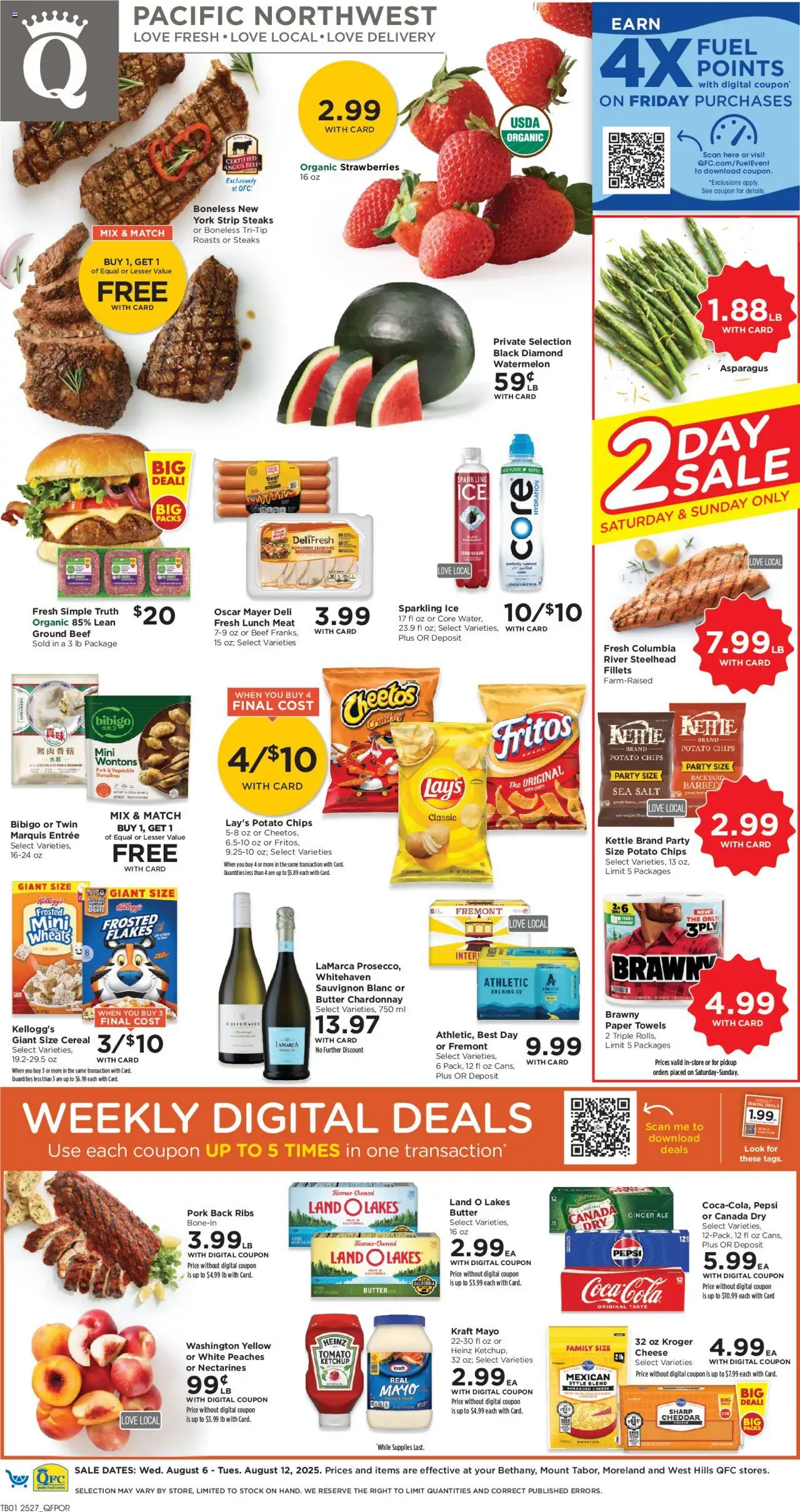 QFC Weekly Ad - OR from 08/06/2025 - Flyer - Page number 1 - Strawberries, Asparagus, Ginger, Meat, Pepsi, Ketchup, Kettle, Flakes