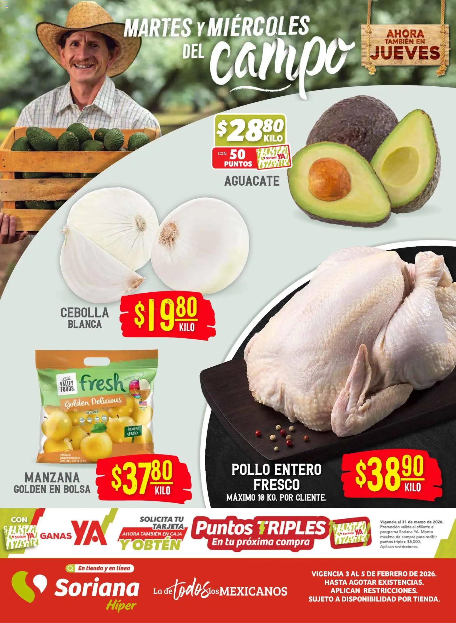 Vista previa las ofertas de la tienda Soriana - Martes y Miércoles del Campo Híper: Juárez desde el 03/02/2026 - Pollo, Manzana, Bolsa, Aguacate, Cebolla, Caja