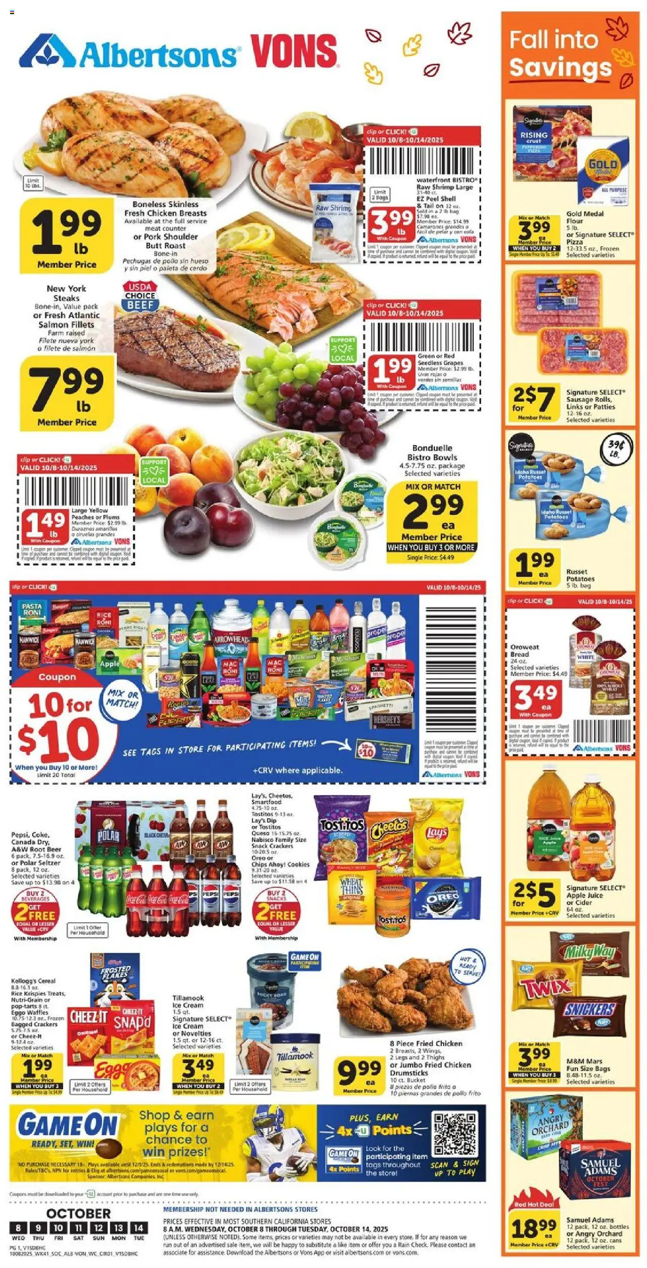 Ad Preview of Vons Weekly Ad from 10/08/2025 - Cider, Potatoes, Peaches, Oreo, Crackers, Chicken breasts, Chicken mix, Chicken