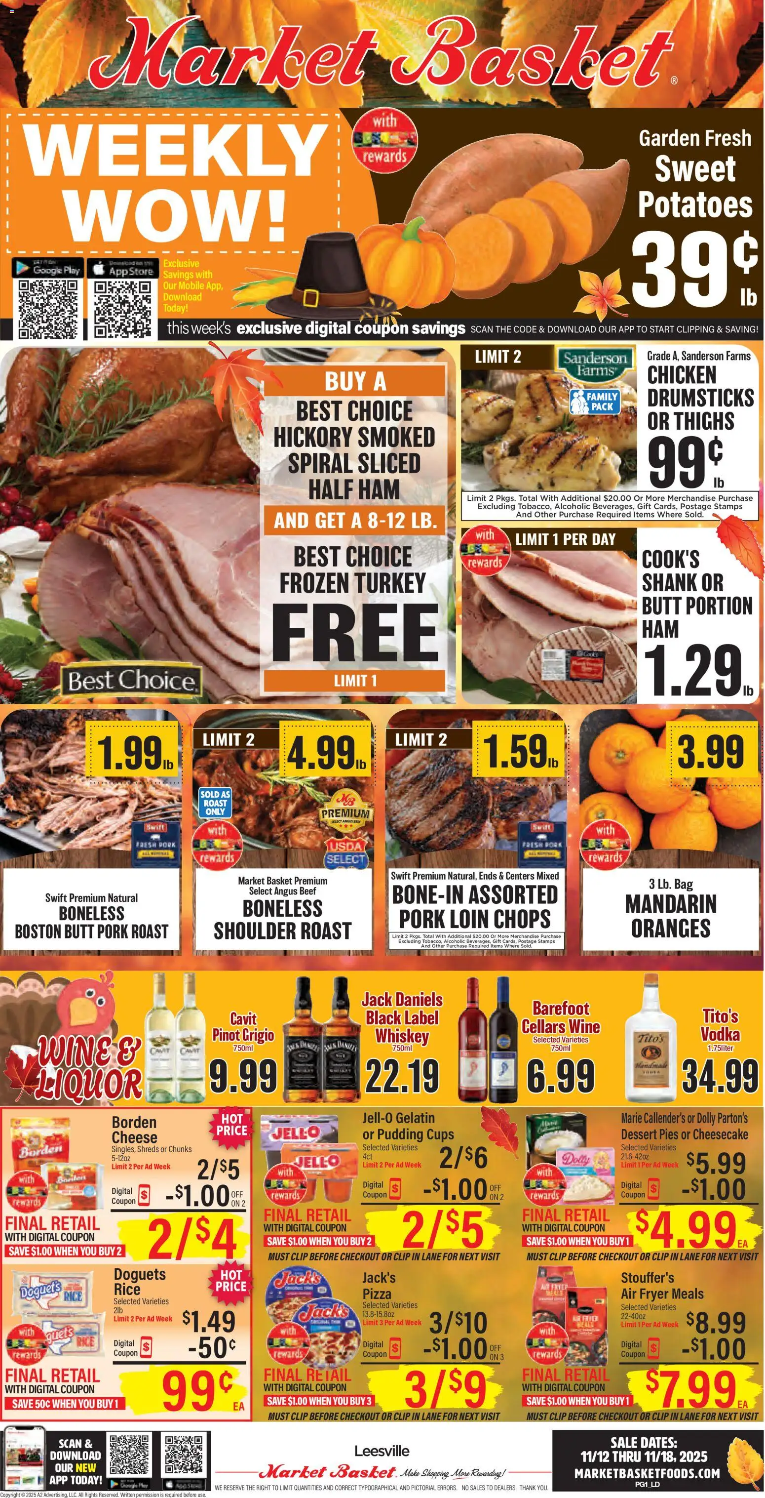Ad Preview of Market Basket Weekly Ad from 11/12/2025 - Dessert, Turkey, Air fryer, Potatoes, Rice, Bag, Pork roast, Chicken