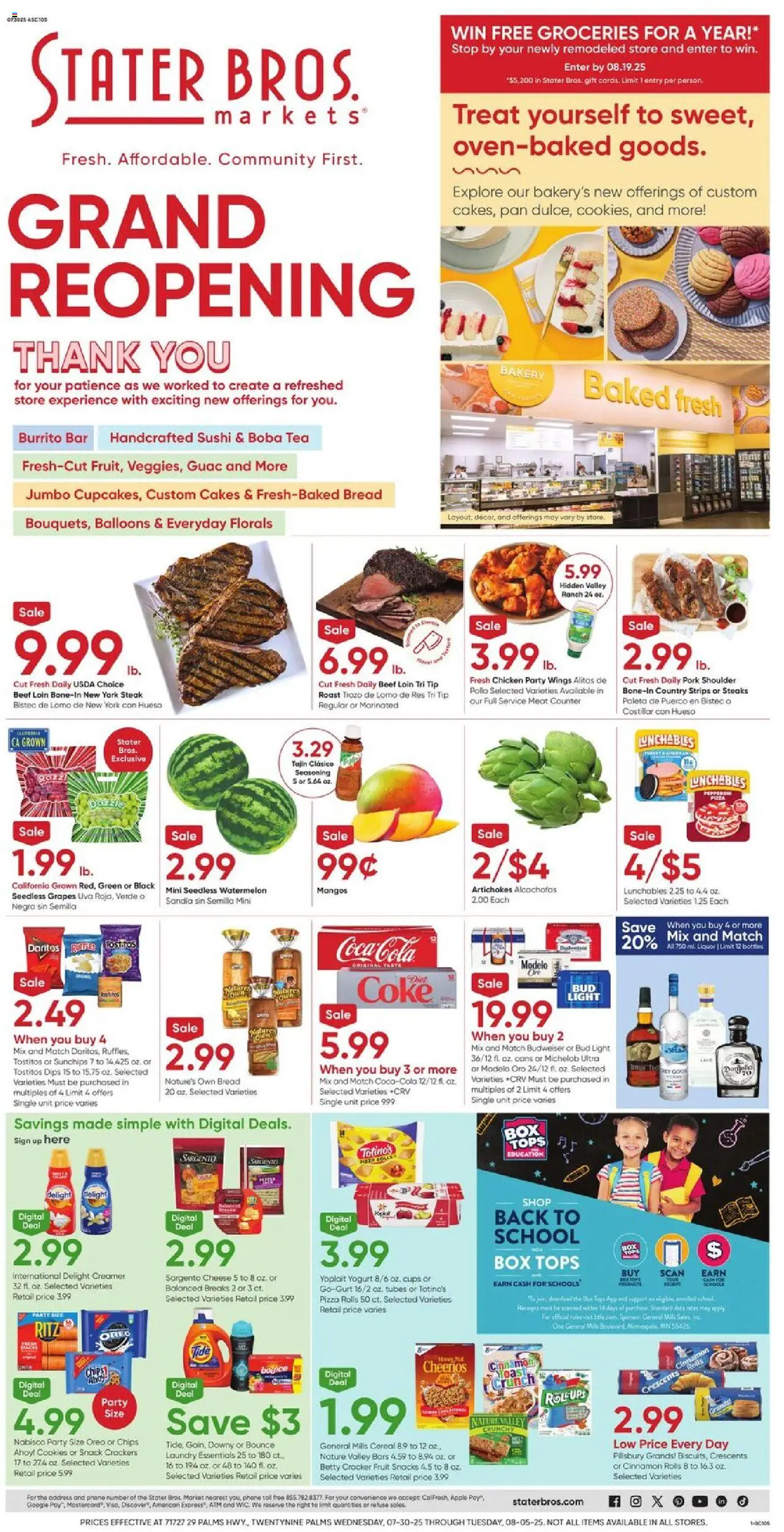Stater Bros Weekly Ad from 07/30/2025 - Flyer - Page number 1 - Crackers, Turkey, Groceries, Yogurt, Chips, Watermelon, Grapes, Seedless grapes