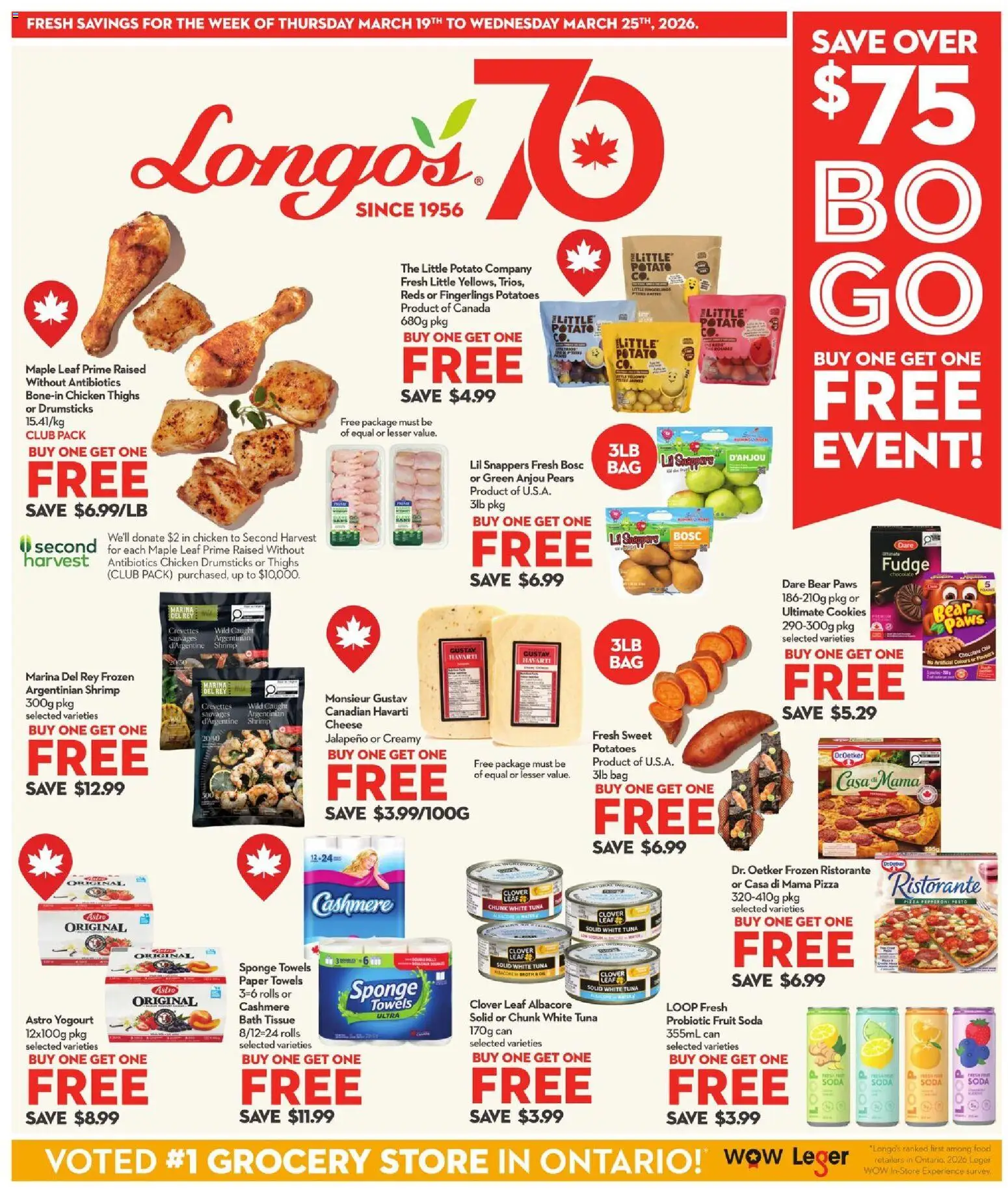 Preview of leaflet Longo's weekly flyer / circulaire from shop Longo's is valid from Mar 19, 2026 - Food, Fruit, Tuna, Chicken thighs, Drumsticks, Paper towels, Sponge, Chicken drumsticks