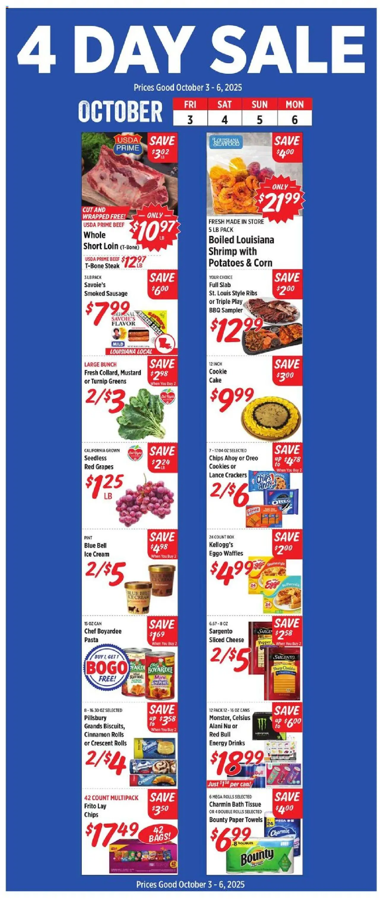 Rouses Weekly Ad from 10/01/2025 - Flyer - Page number 1 - Pasta, Box, Chips, Greens, Shrimp, Oreo, Bath, Sliced cheese
