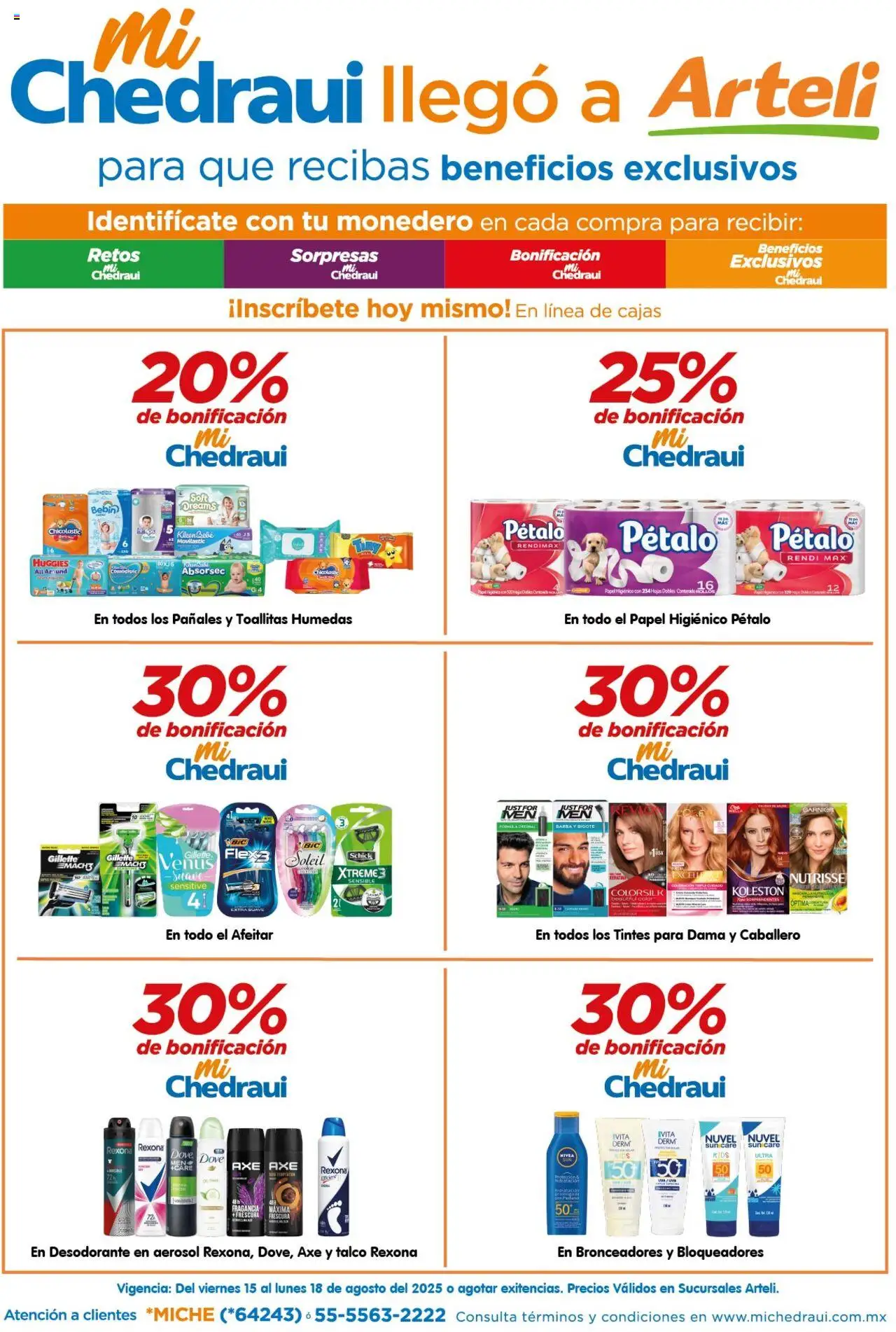 Folleto MiChedraui Arteli y sus promociones válidas desde el 15/08/2025 - Número de página 1 - Desodorante, Toallitas húmedas, Papel higiénico, Pañales, Monedero, Fragancia