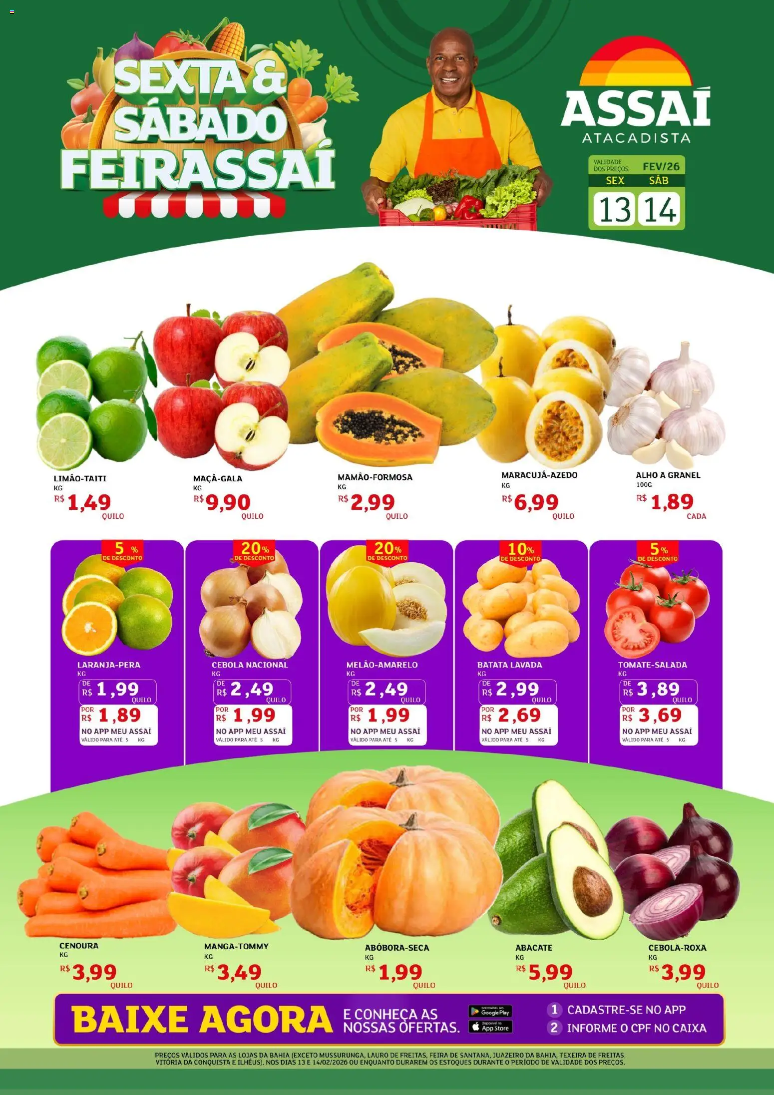 Pré-Visualização do folheto "Encarte - BA" da loja Assaí Atacadista válido a partir de 13/02/2026 - Caixa, Batata, Abacate, Cenoura, Cebola, Alho