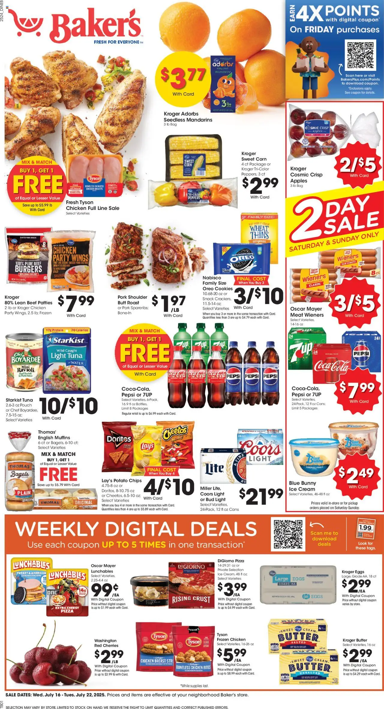 Baker's Weekly Ad from 07/16/2025 - Flyer - Page number 1 - Mandarins, Chicken, Apples, Pasta, Cookies, Ice, Tuna, Muffins