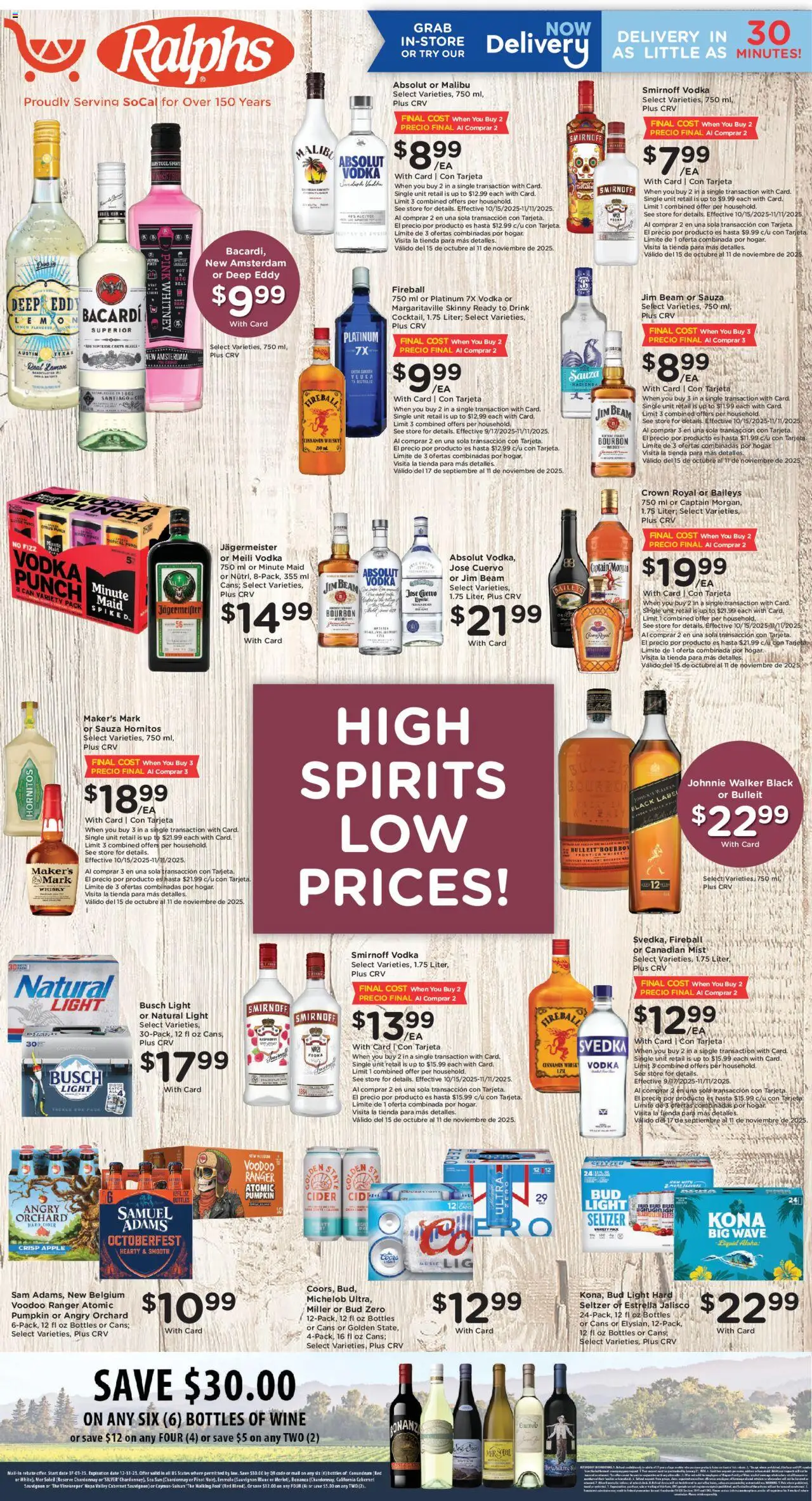 Ralphs Adult Beverage from 10/15/2025 - Flyer - Page number 1 - Wine, Cider, Malibu, Bourbon, Lemon, Bacardi, Jim Beam, Jägermeister
