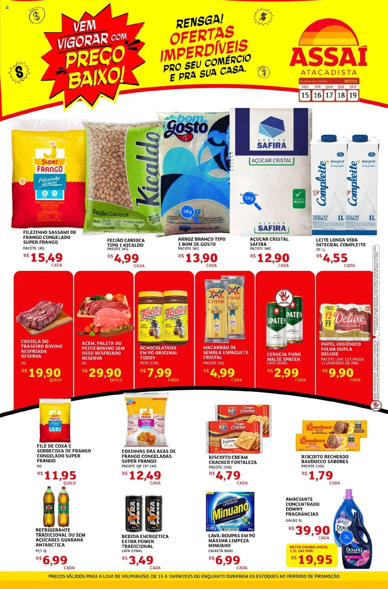 Assaí Atacadista folheto "Encarte - GO" válido a partir de 15/09/2025 - número de página 1 - Bebida, Feijão, Biscoito, Frango, Refrigerante, Papel higiênico, Baixo, Cream cracker