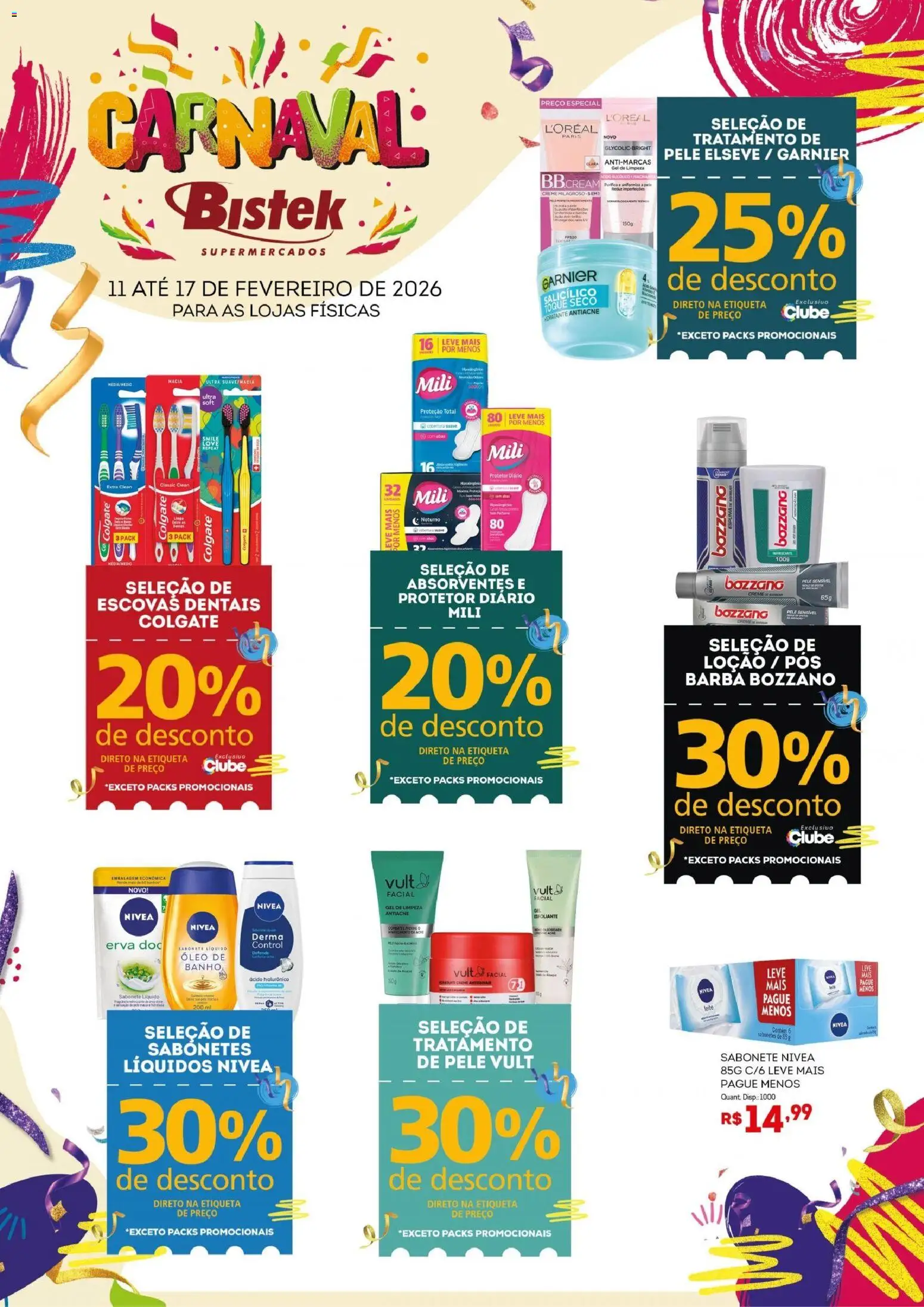 Pré-Visualização do folheto "Ofertas Carnaval Bistek Perfumaria" da loja Bistek Supermercados válido a partir de 11/02/2026