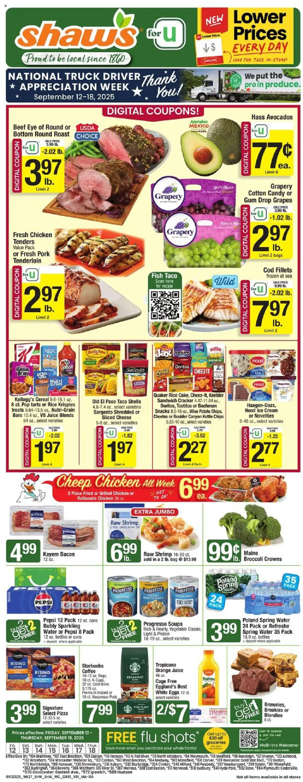 Shaw's Weekly Ad from 09/12/2025 - Flyer - Page number 1 - Groceries, Ice, Candy, Eggs, Grapes, Kettle, Sliced cheese, Chicken