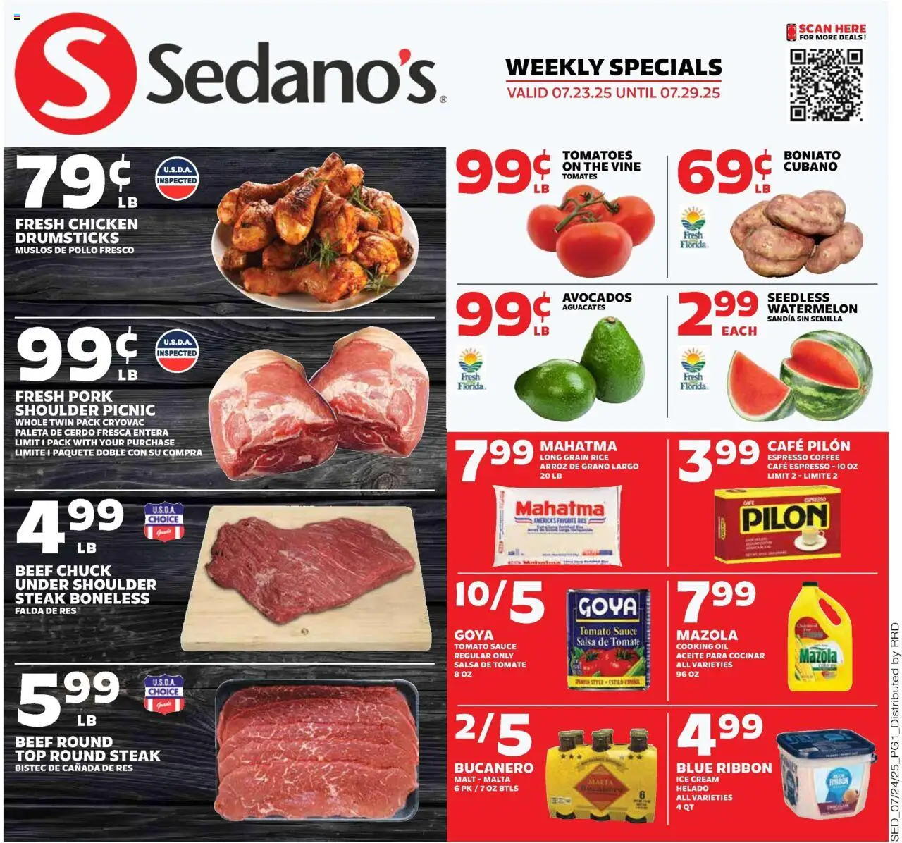 Sedano's Weekly Ad from 07/23/2025 - Flyer - Page number 1 - Chicken, Tomatoes, Rice, Beef, Cream, Ice cream, Beef round, Beef chuck