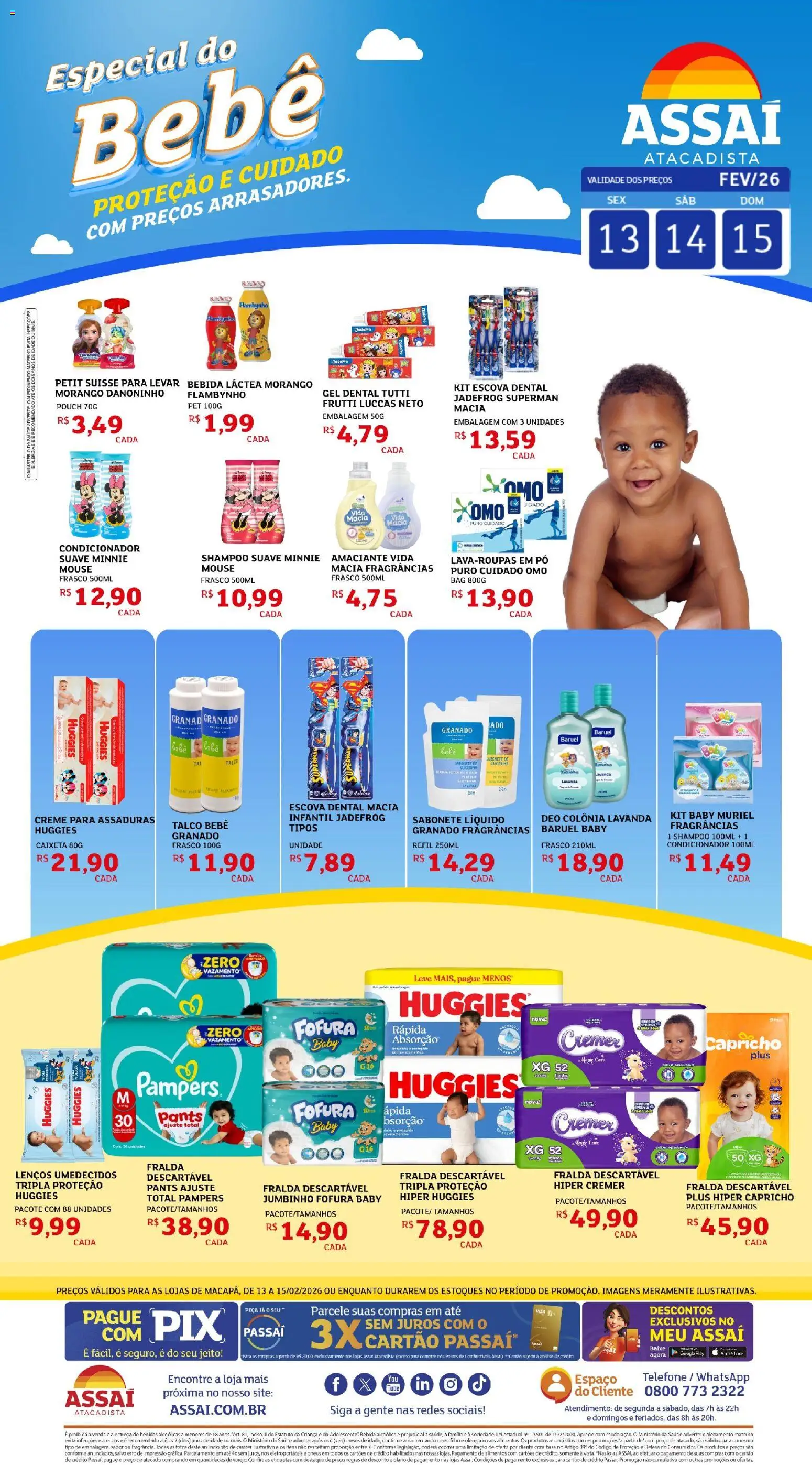 Pré-Visualização do folheto "Encarte - AP" da loja Assaí Atacadista válido a partir de 13/02/2026 - Telefone, Bebidas, Bebida, Creme, Amaciante, Pó, Escova, Talco