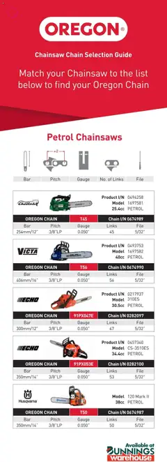 Preview of catalogue Oregon Chain Selection Guide from shop Bunnings Warehouse valid 20/01/2025
