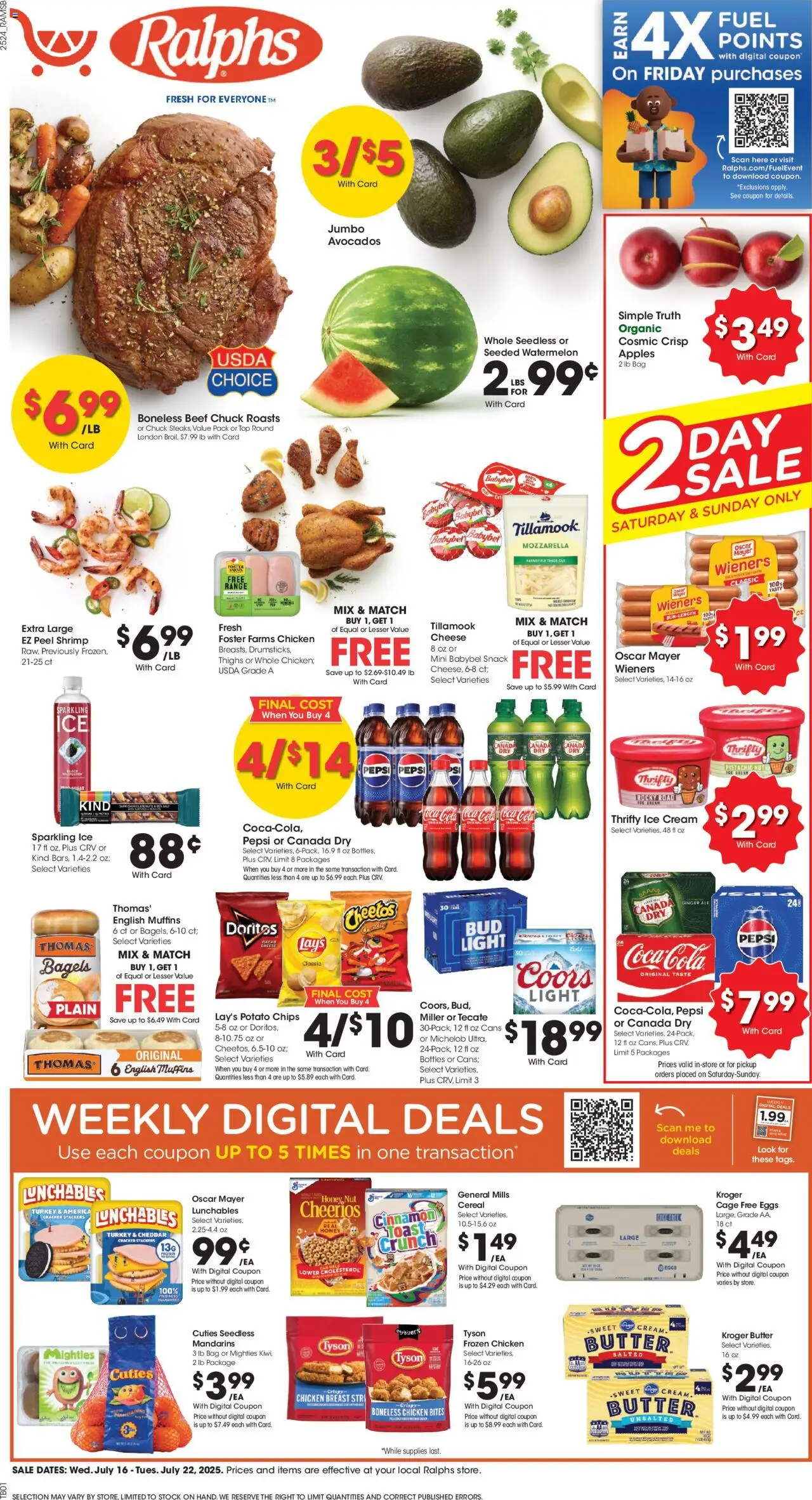 Ralphs Weekly Ad from 07/16/2025 - Flyer - Page number 1 - Shrimp, Chicken, Cheese, Eggs, Cream, Mozzarella, Pepsi, Muffins