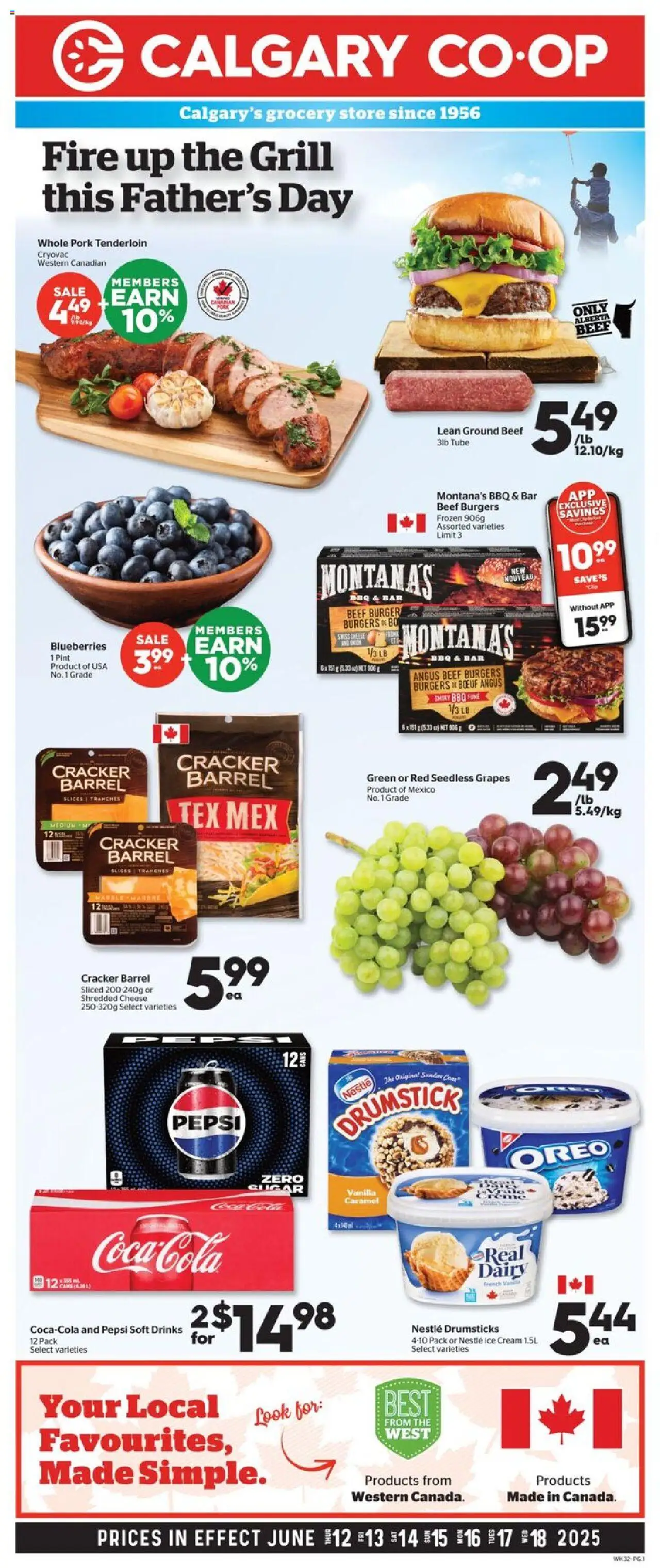 Calgary Co-op flyer valid from Jun 12, 2025 - page number 1 - Beef, Oreo, Cream, Grill, Burgers, Pork tenderloin, Seedless grapes, Pork