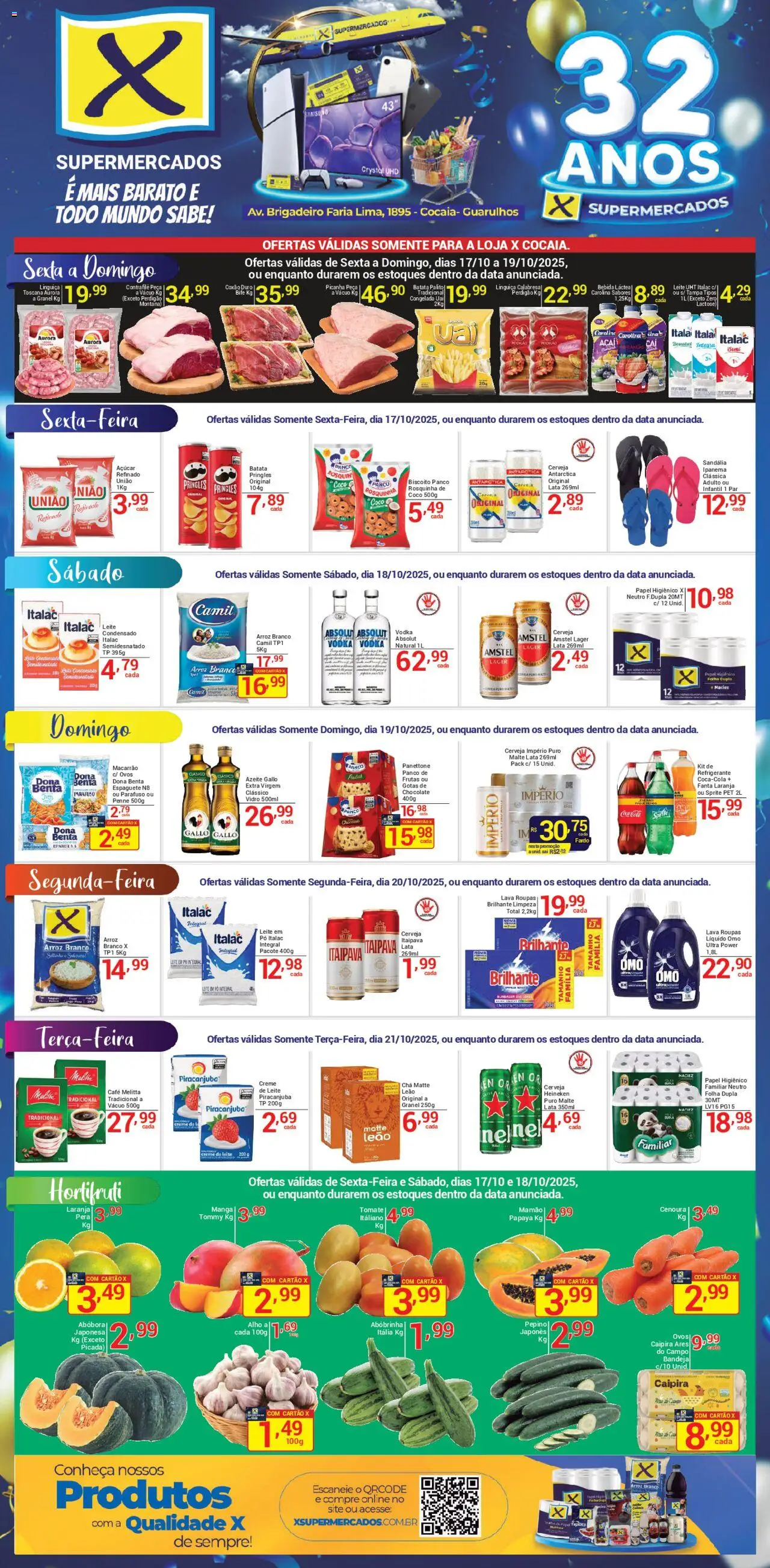 X Supermercados folheto "Ofertas - Cocaia" válido a partir de 17/10/2025 - número de página 1 - Açaí, Cerveja, Leite condensado, Arroz, Leite, Abobrinha, Cenoura, Mamão