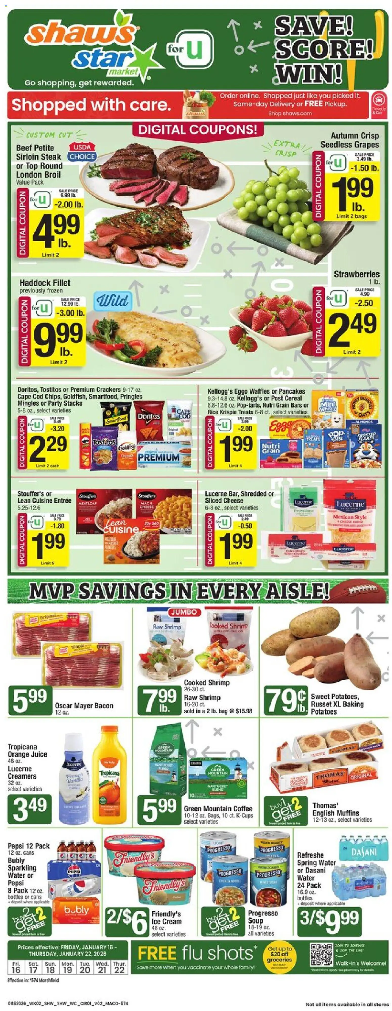 Ad Preview of Star Market Weekly Ad from 01/16/2026 - Waffles, Steak, Shrimp, Cereal, Pepsi, Bacon, Beef, Spring water