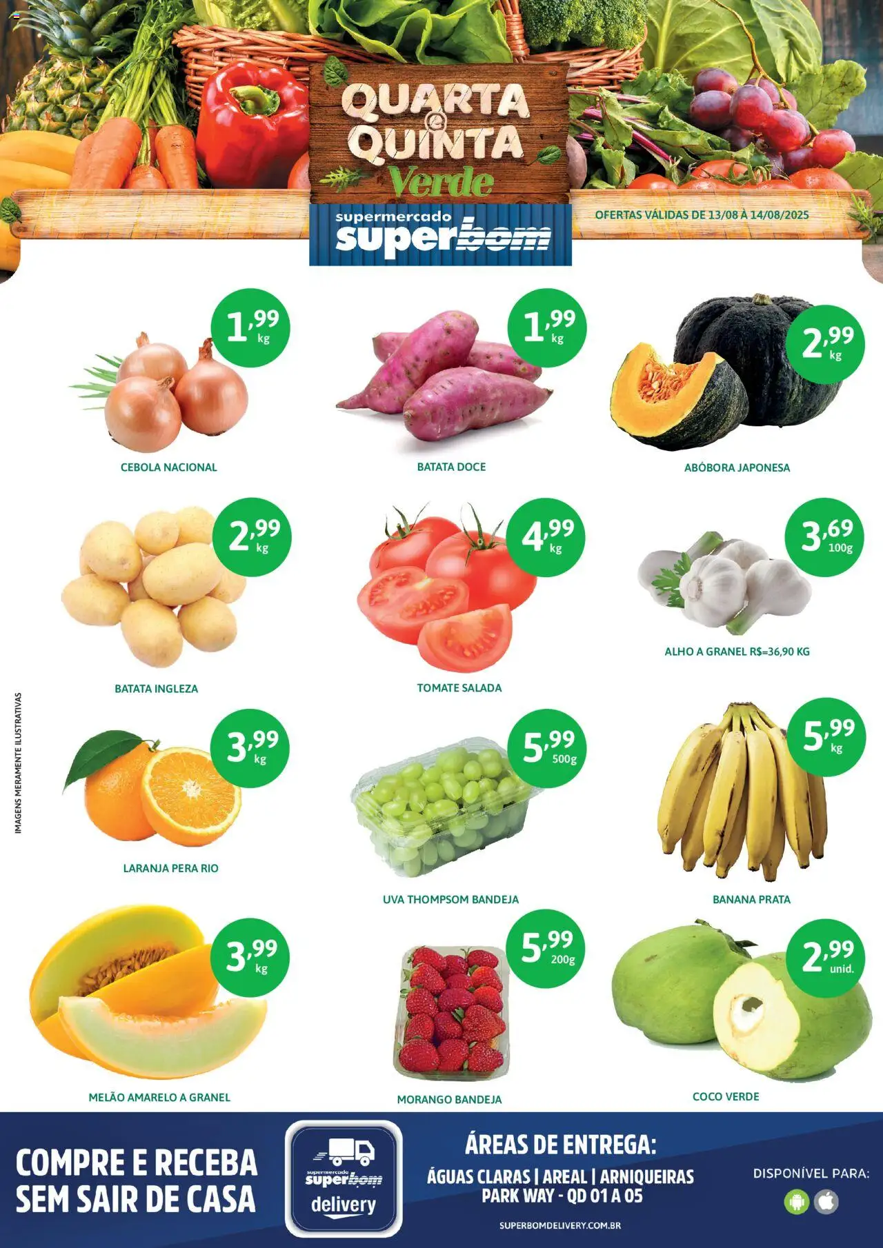 Superbom folheto "Ofertas da semana" válido a partir de 13/08/2025 - número de página 1 - Uva, Abóbora, Doce, Pera, Tomate, Bandeja, Alho, Melão amarelo