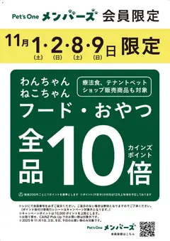 カインズ ホームの2025/11/01から2025/11/09までのチラシはここフード・おやつ全品10倍ペッツワンメンバーズ限定