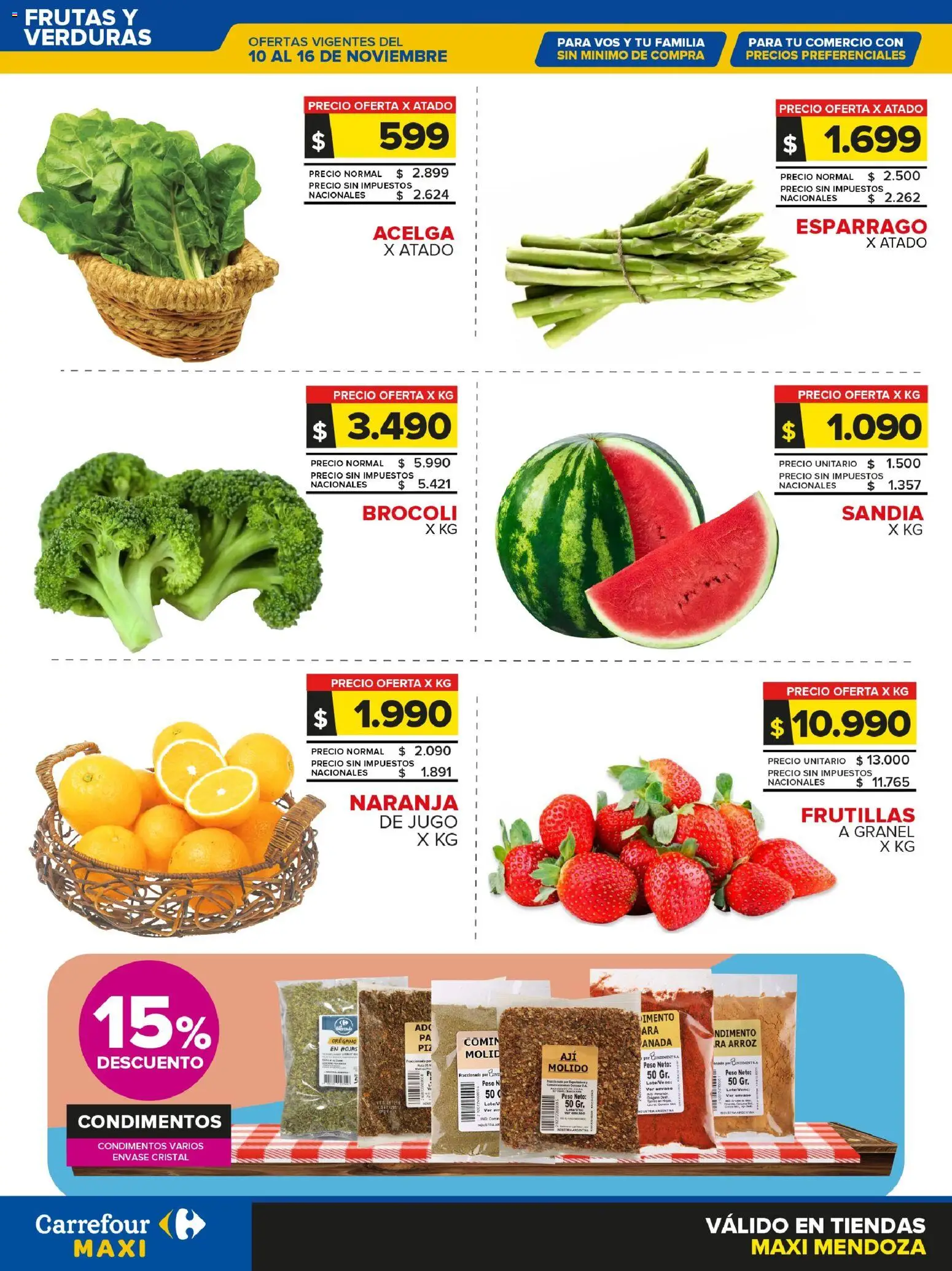 Vista previa del folleto de la tienda Carrefour válido desde el 10/11/2025 - Peso, Verduras, Arroz, Frutillas, Brocoli, Sandía, Acelga, Jugo