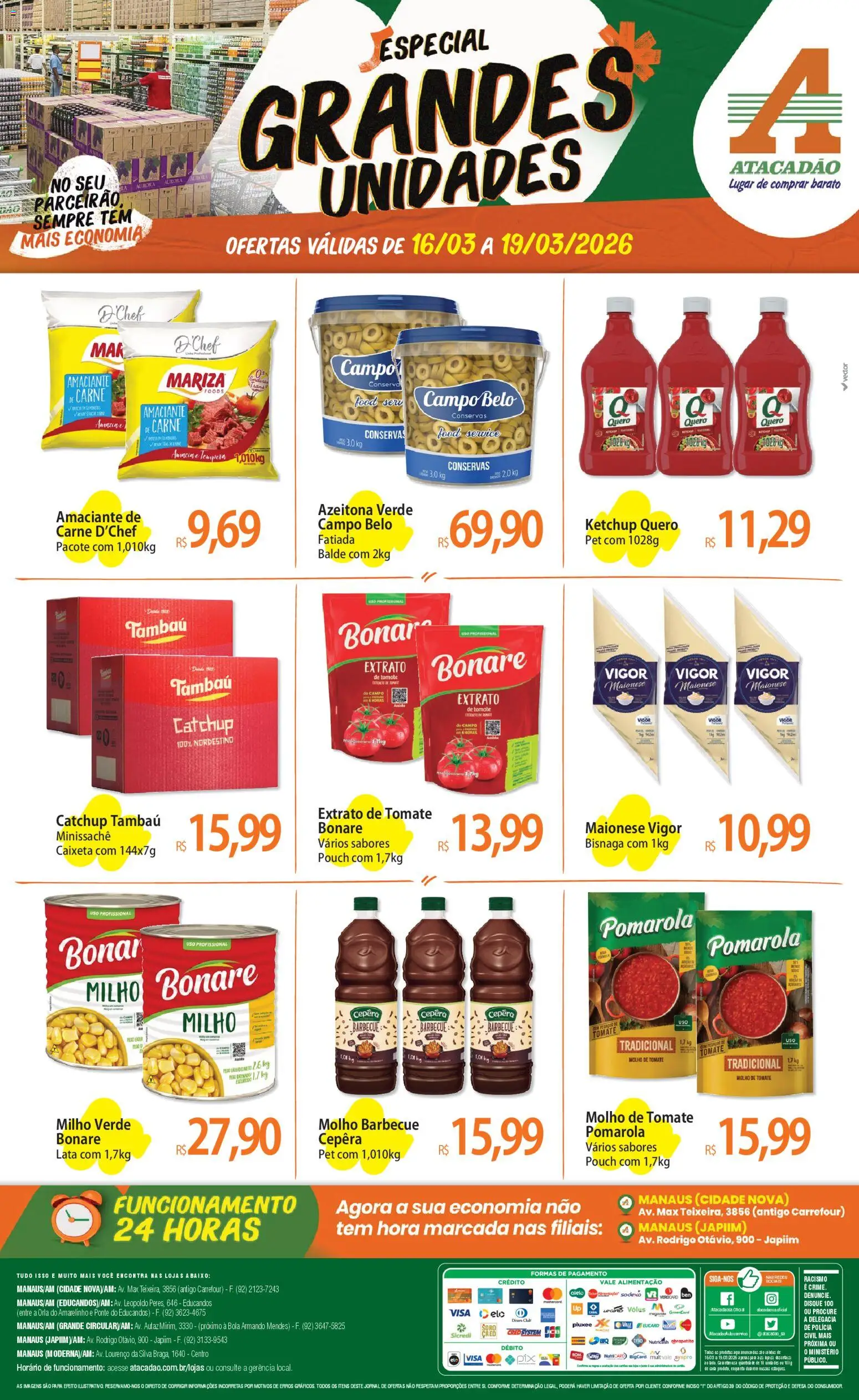 Pré-Visualização do folheto "Atacadão ofertas - AM" da loja Atacadão válido a partir de 16/03/2026 - Pá, Carne, Tomate, Molho de tomate, Milho verde, Balde, Extrato de tomate, Maionese vigor