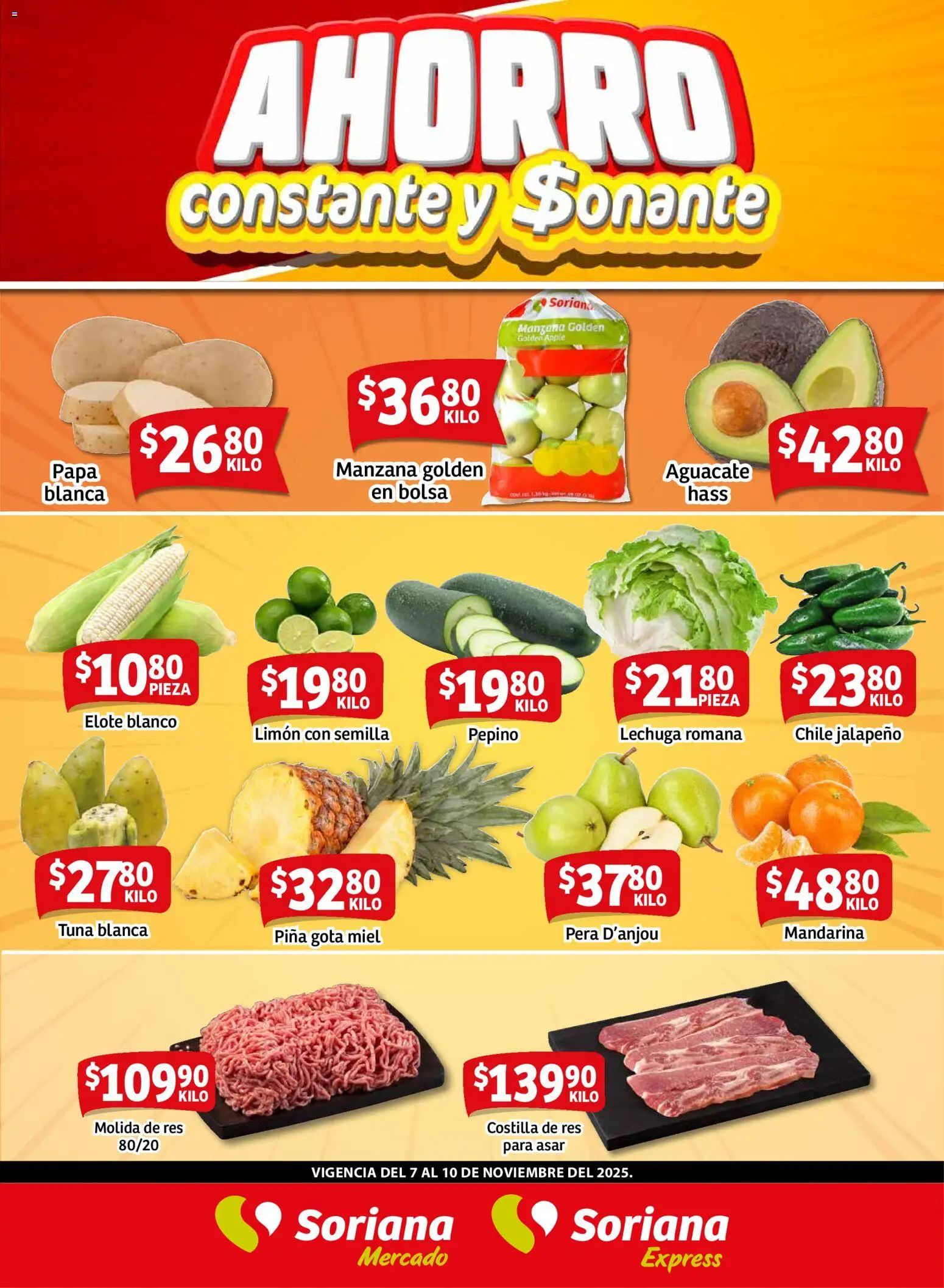 Vista previa las ofertas de la tienda Soriana - Fin de Semana Mercado: Coah, Chih y Dur desde el 07/11/2025 - Papa, Manzana, Chile, Limón, Pera, Lechuga, Lechuga romana, Miel