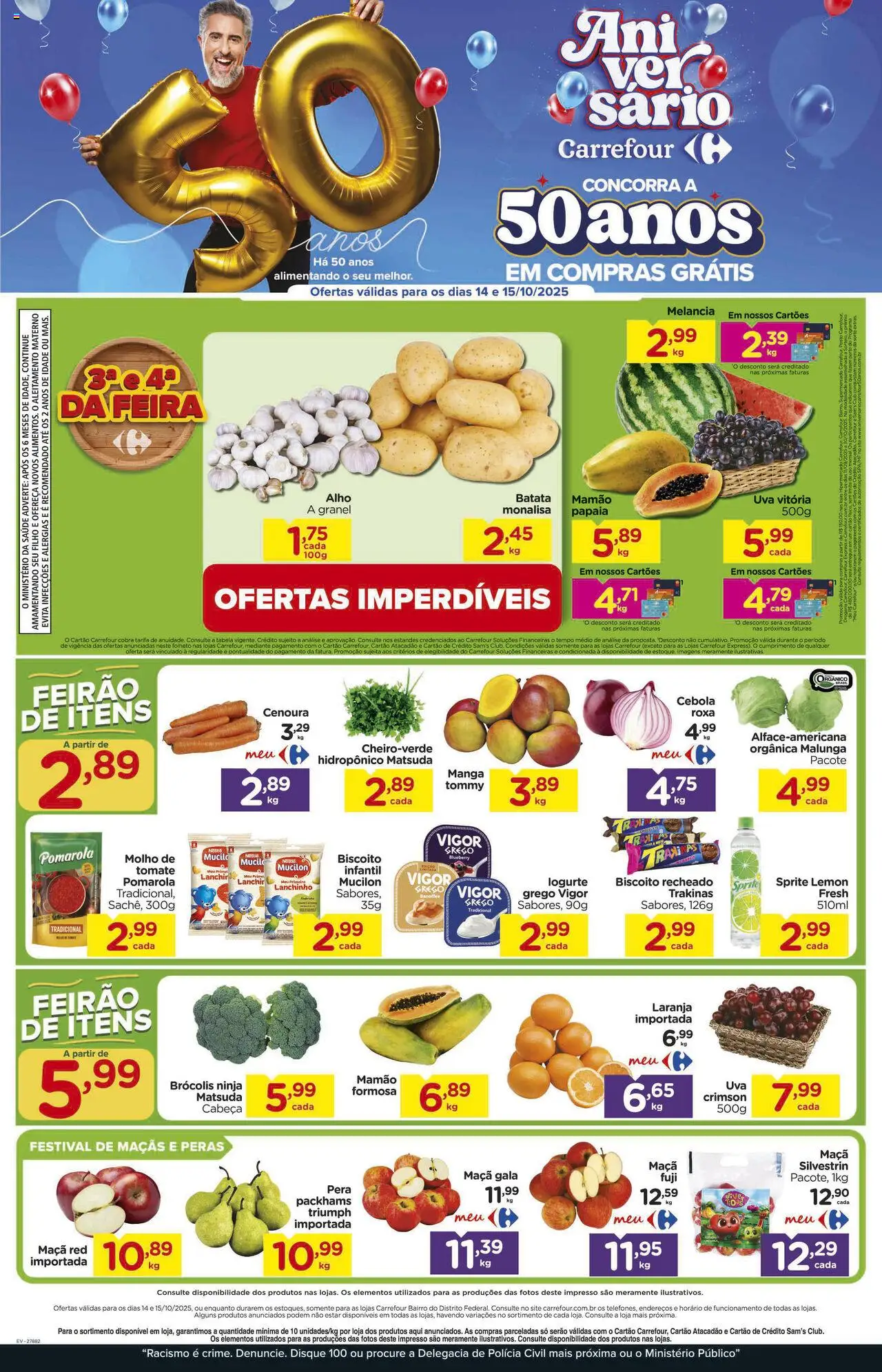 Carrefour Bairro folheto "Ofertas Feira" válido a partir de 14/10/2025 - número de página 1 - Melancia, Maçãs, Brócolis, Mucilon, Tomate, Cenoura, Alho, Mamão