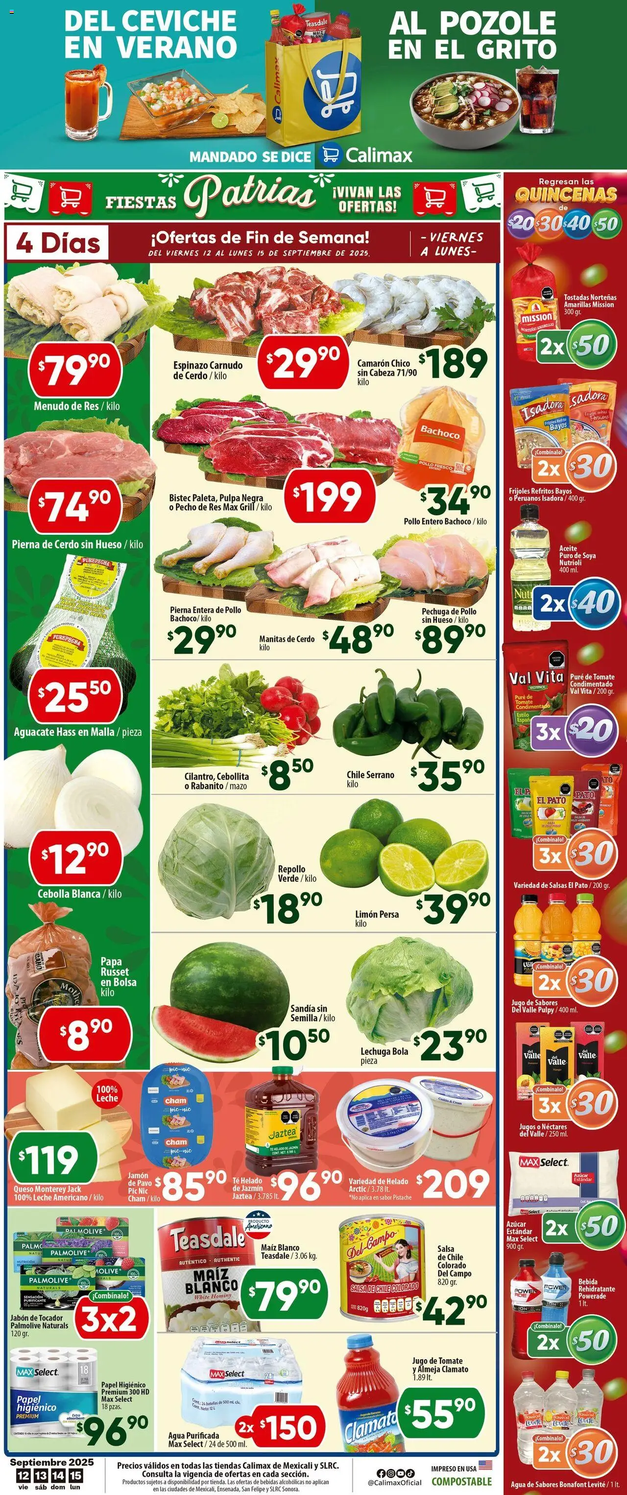 Folleto Mexicali Calimax y sus promociones válidas desde el 12/09/2025 - Número de página 1 - Agua, Té, Aguacate, Leche, Tostadas, Papel higiénico, Res, Té helado