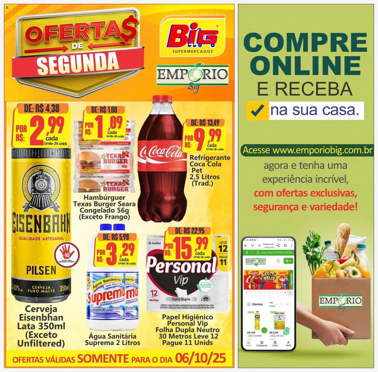 Big Supermercados folheto "Ofertas do Dia" válido a partir de 06/10/2025 - número de página 1 - Cerveja, Água, Frango, Refrigerante, Cola, Eisenbahn, Algodão, Cloro