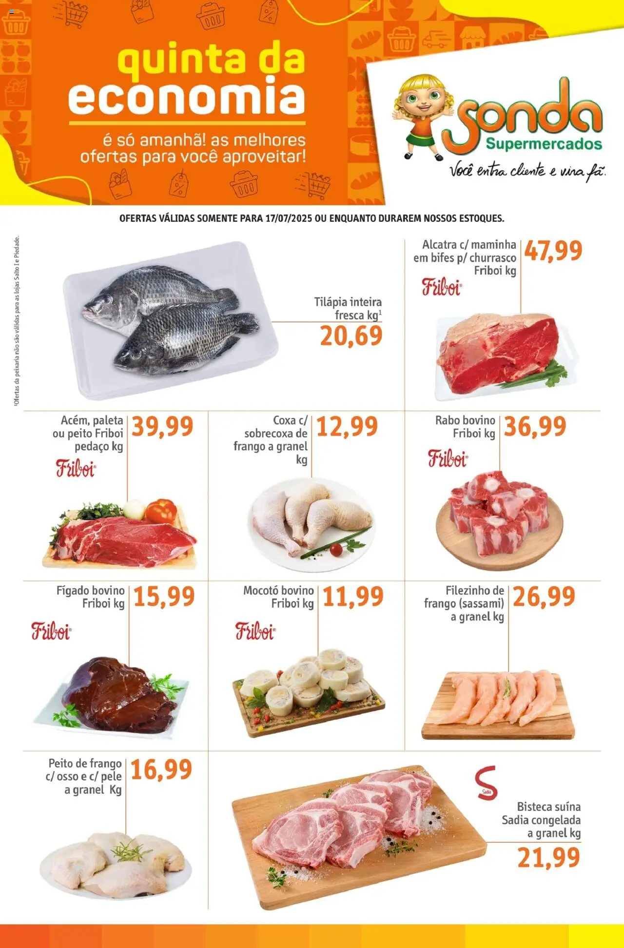 Sonda folheto "Ofertas Quinta da Economia" válido a partir de 17/07/2025 - número de página 1 - Alcatra, Maminha, Tilápia, Fígado, Frango, Peito de frango