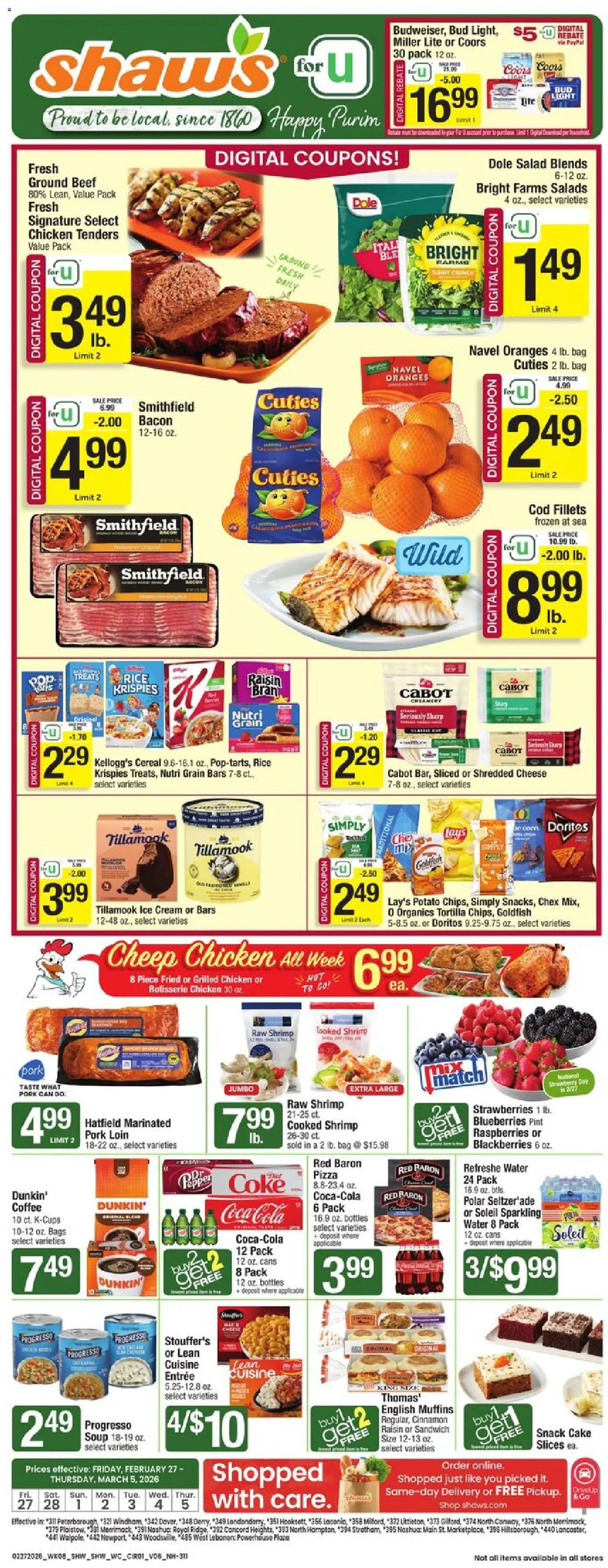 Ad Preview of Shaw's Weekly Ad - NH from 02/27/2026 - Pizza, Cake, Strawberries, Blueberries, Pepper, Beef, Cream, Chicken