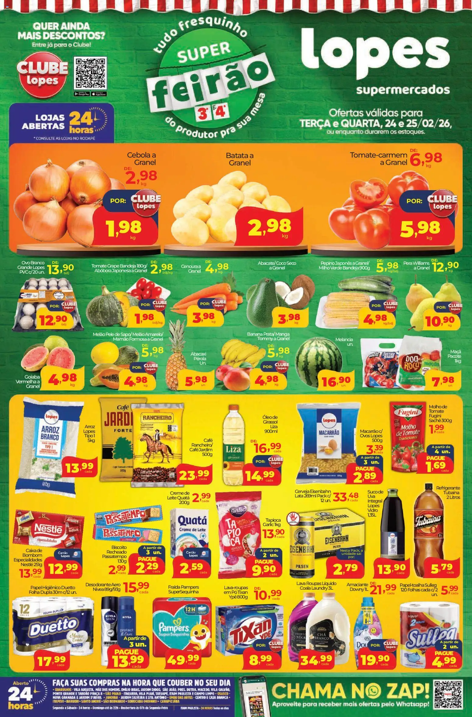 Pré-Visualização do folheto "Ofertas da semana" da loja Lopes Supermercados válido a partir de 24/02/2026 - Cerveja, Arroz, Abacaxi, Leite, Tomate, Milho, Pampers, Rodapé