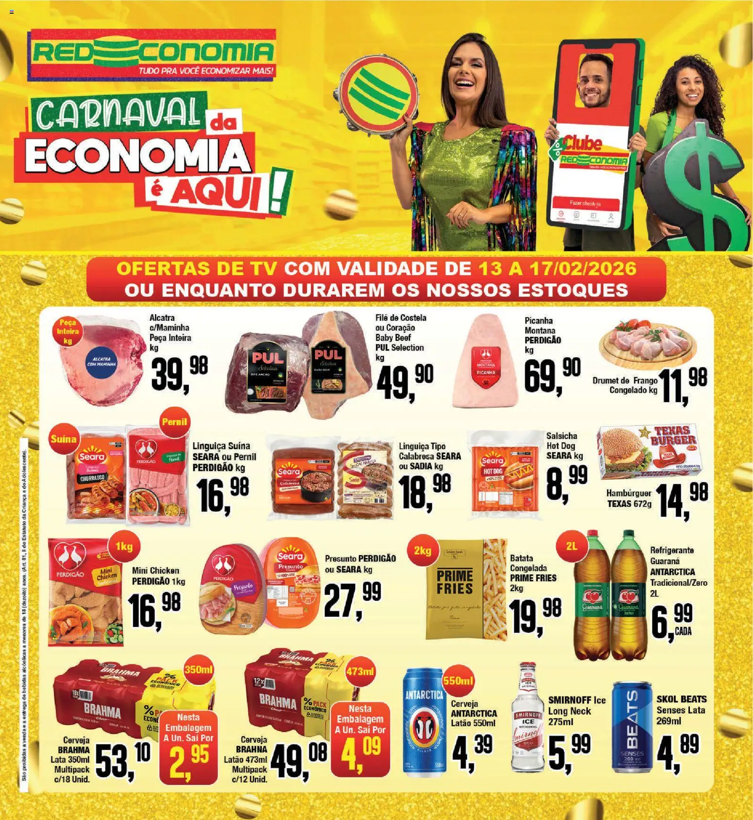 Pré-Visualização do folheto "Encarte" da loja RedEconomia válido a partir de 13/02/2026 - Hambúrguer, Tv, Cerveja, Picanha, Batata, Pernil, Guaraná, Maminha