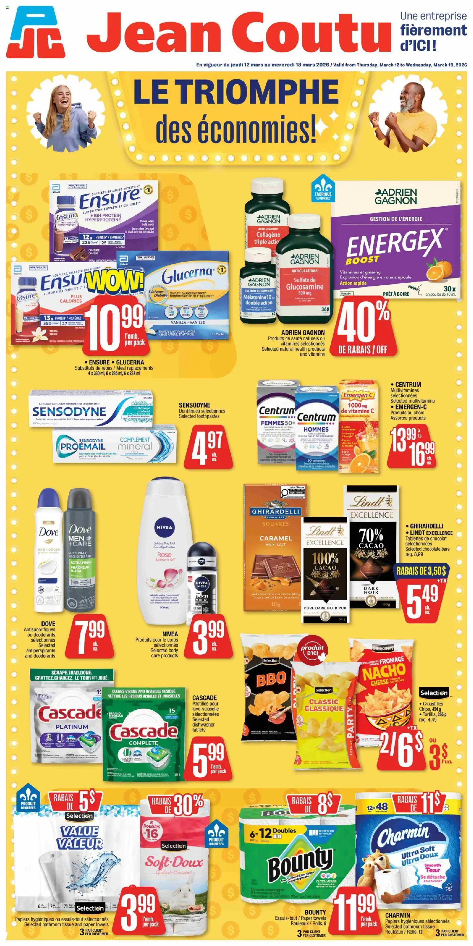 Preview of leaflet Jean Coutu circulaire from shop Jean Coutu is valid from Mar 12, 2026 - Chocolate, Lindt, Milk, Protein, Vanilla, Paper towels, Towels, Dishwasher tablets